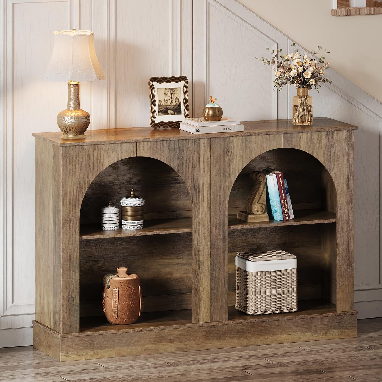 GiftGo Farmhouse Console Table 47-Inch Narrow Entryway Table with 3 Tier Storage, Wooden Rectangular Sofa Table Behind The Couch for Entrance, Hallway, Living Room,Elegant Arch (Rustic Brown, L-47)