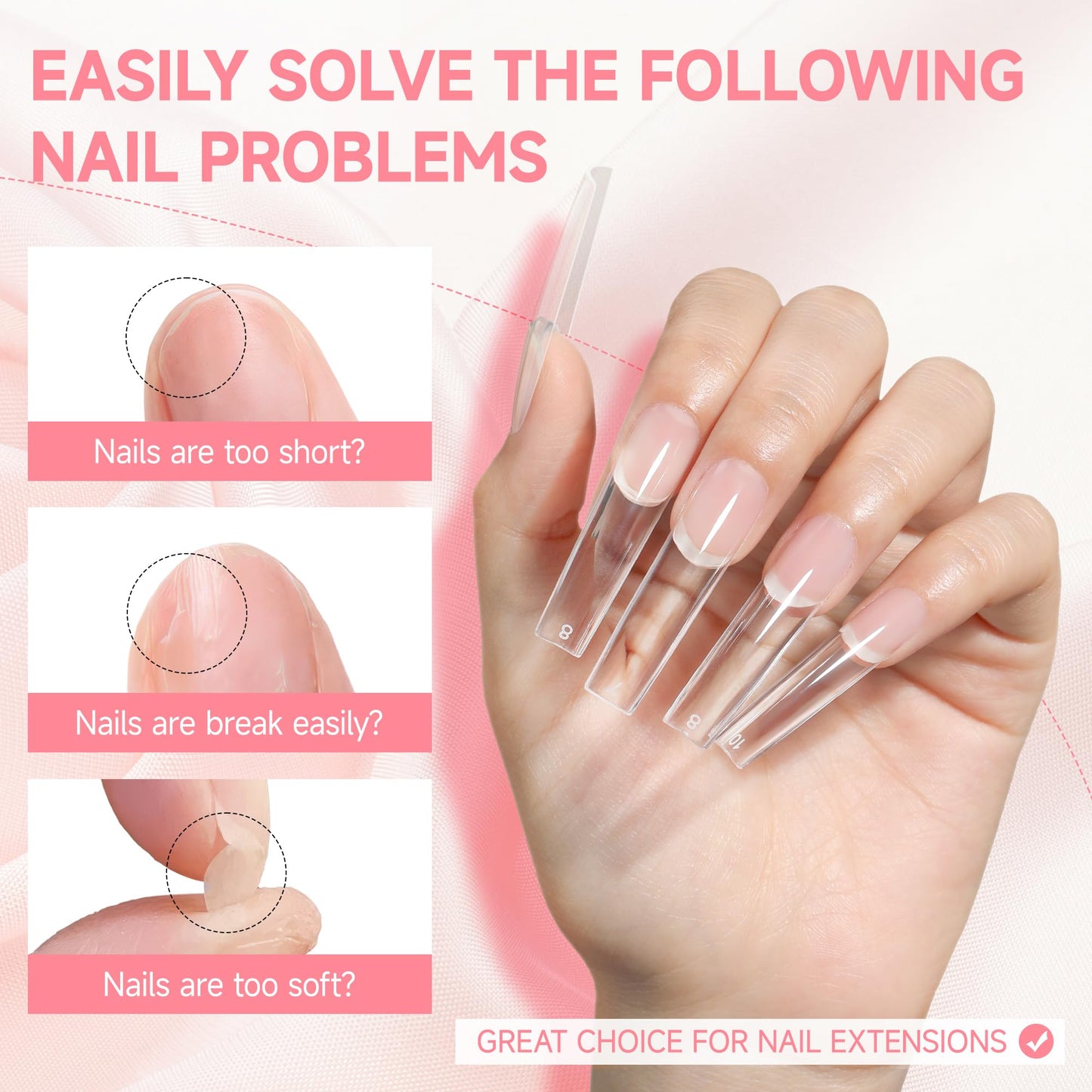 UNA GELLA Nail Tips Sqaure Extra Long Tapered Sqaure Nail Tips 504pcs XXL Clear Fake Nails Full Cover Square Gel Tips for Acrylic Nails Tips for Press on Nail Extensions Home DIY Salon 12 Sizes