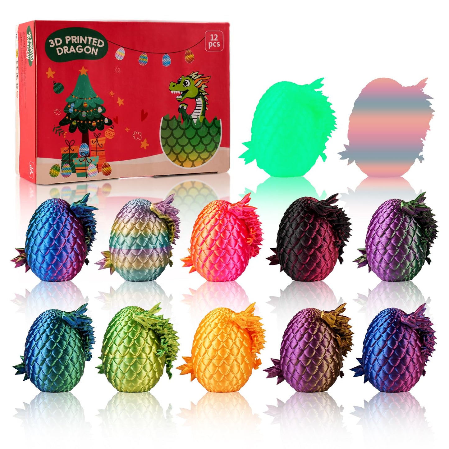 12PCS 3D Printed Dragon Eggs with Dragon Inside, Mini Dragon Egg Set, Articulated Crystal Dragon Fidget Toy for for Kids & Adults Gifts Christmas Ornament & Stocking Stuffers