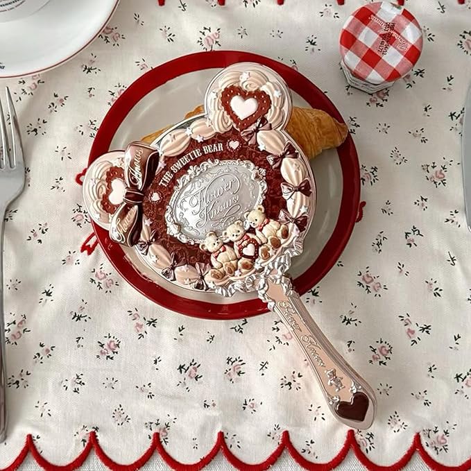 Flower Knows The Sweetie Bear Hand Mirror,Vintage Portable Handheld Mirror,Fancy & Pretty Princess Mirror with Long Handle,Gift for Girls(Carmal Brown)