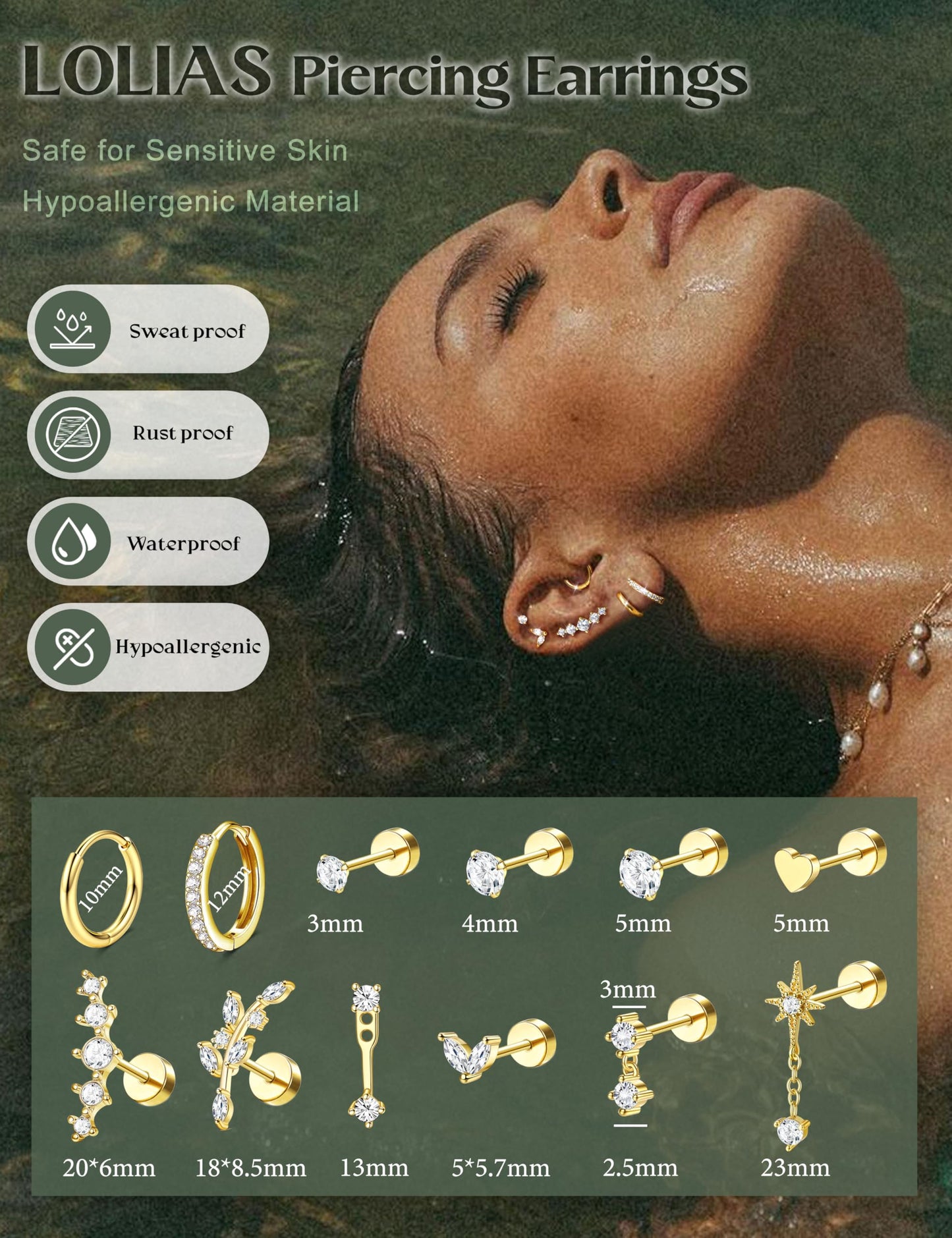 LOLIAS Hypoallergenic Flat Back Earrings Cartilage Earring Stacks - Surgical Steel Earrings for Sensitive Ears - Small Stainless Steel Flatback Stud Hoop Earring Sets for Helix Tragus Conch Daith Multiple Piercing Jewelry Trendy 14K Gold Plated