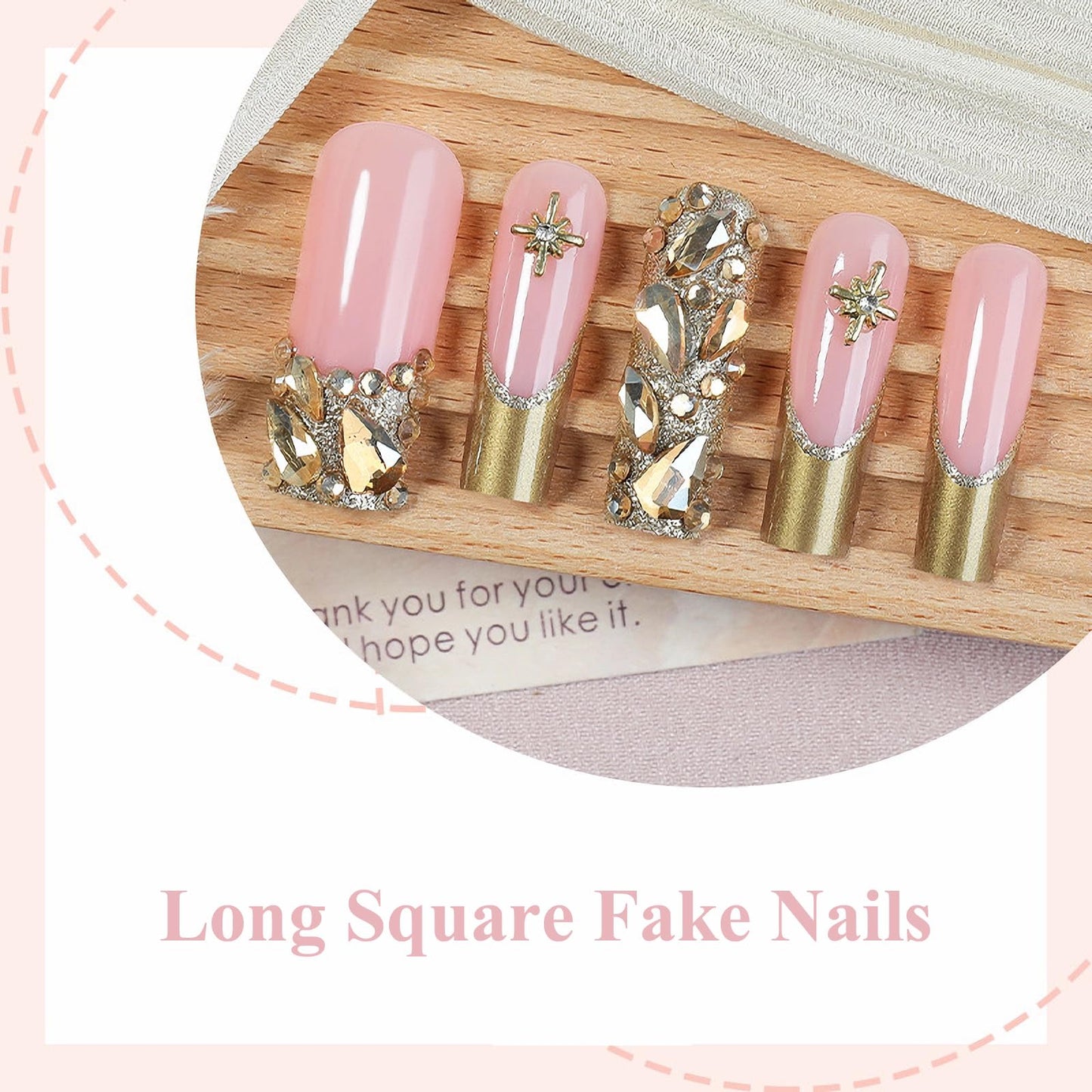 MISUD Press on Nails - Long Square Fake Nails with Gold Chrome, Acrylic Bling Glitter Rhinestone Design 24 pcs