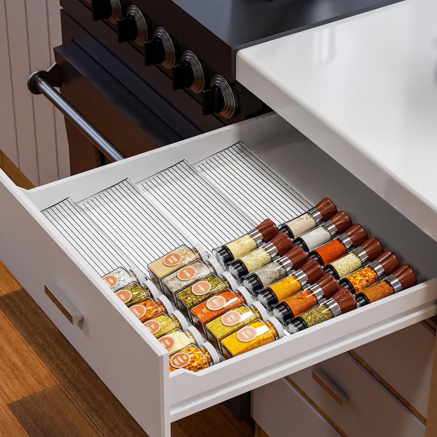 Yieach 8 Pack Adjustable In Drawer Spice Organizer - Expandable From 11'' to 22'' - Acrylic Drawer Seasoning Organizer,Clear Spice Organization Tray for Cabinet Drawers Condiment,Nail Polish and Jar