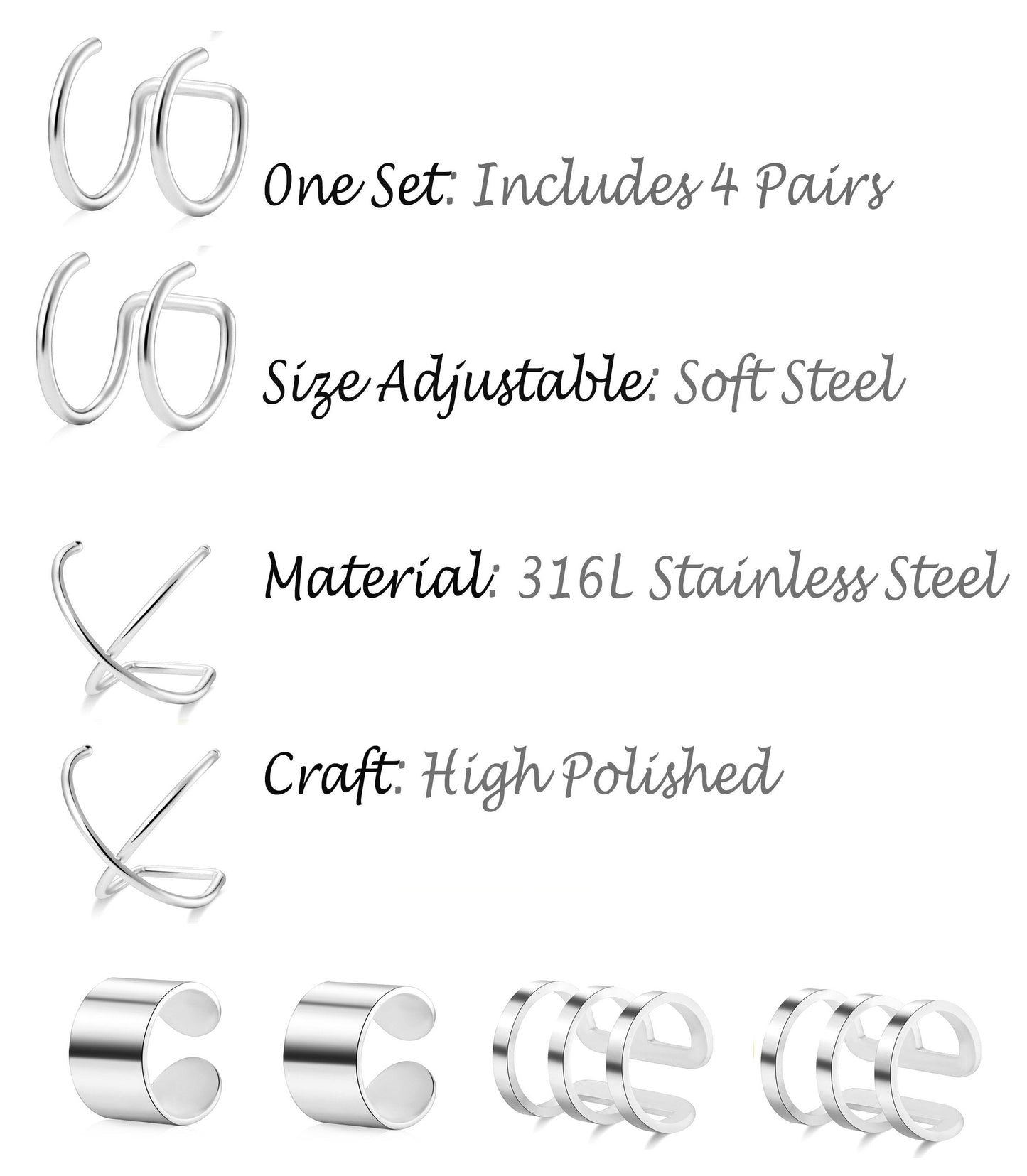 Tornito 4-10 Pairs Stainless Steel Ear Cuff Helix Cartilage Clip On Wrap Earrings Fake Nose Ring Non-Piercing Adjustable (A4: 4 Pairs, Silver Tone)