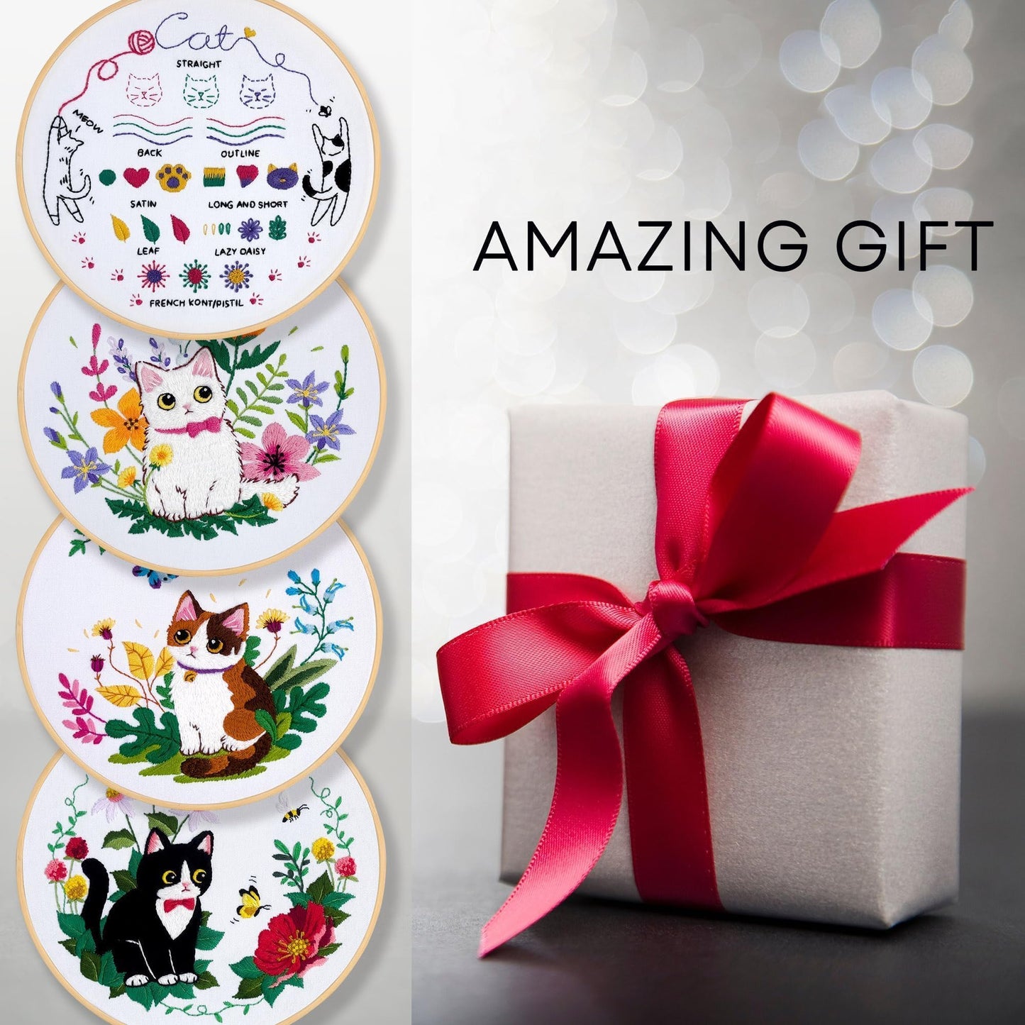 Embroidery Kit for Beginners, 4 Sets Cat Embroidery Kits, Needle Point Kits for Adults Beginner, with Full Package Sewing Supplies and Detailed Easy-to-Follow Instructions, Gift for DIY Lovers