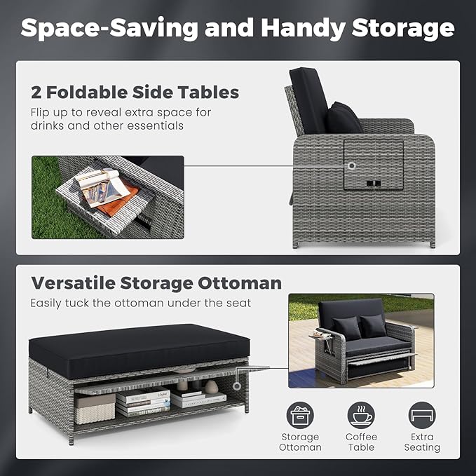 HAPPYGRILL Patio Rattan Wicker Daybed with Loveseat & Storage Ottoman, Outdoor Lounge Sofa Furniture Set with Adjustable Backrest & Side Trays, for Poolside Deck Porch Lawn (Mix Grey & Black)