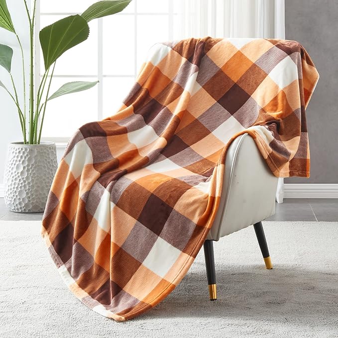SOCHOW Buffalo Plaid Flannel Fleece Throw Blanket 60 x 80 Inches, Soft Lightweight Cozy All Season Orange Checkered Blanket for Bed, Couch, Car