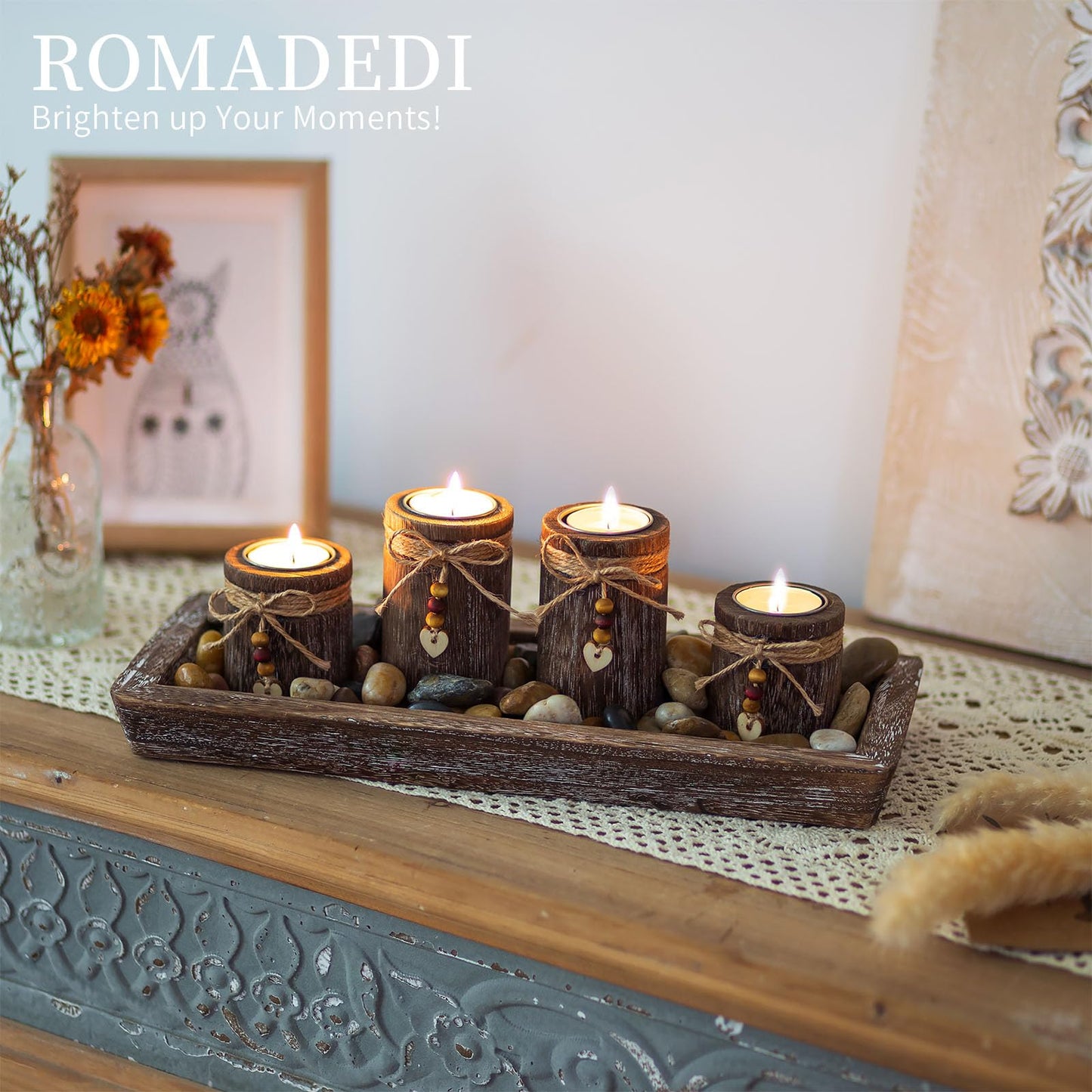 Farmhouse Coffee Table Decor Candle Holder - Romadedi Boho Wooden Tray with 4 Tealight Candles Holders for Tables Centerpiece Home Decorations Living Room Fireplace Kitchen