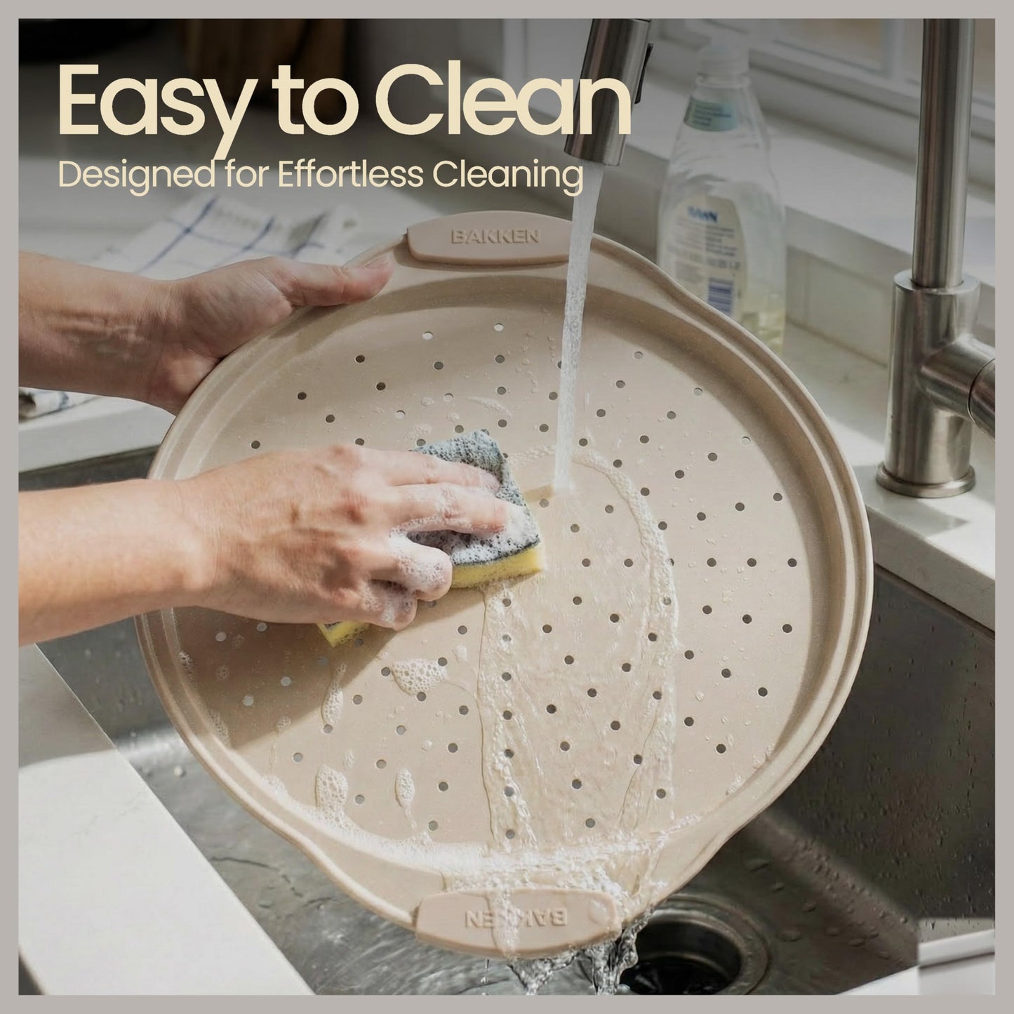 Bakken Pizza Baking Pan - Round Perforated Carbon Steel Pan with Non-Stick Marble Coating, Oversized Silicone Handle, Dishwasher Safe, High-Temperature Resistant, Durable & Easy Cleanup White, 1 Pack
