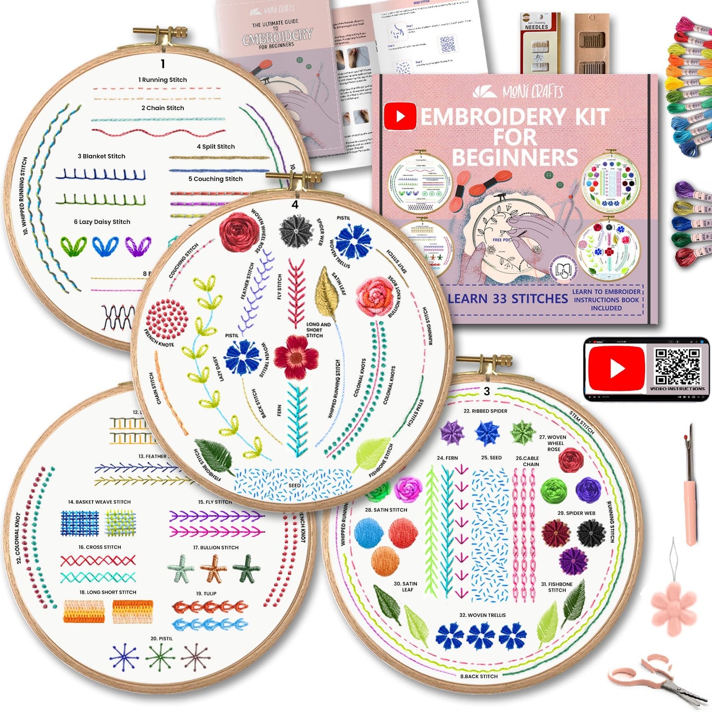 Moni Crafts Embroidery Kit for Beginners – DIY Hand Embroidery Set for Adults with 4 Stamped Patterns, Hoop, Threads, Needles and Step-by-Step Stitch Guide to Learn 33 Stitches