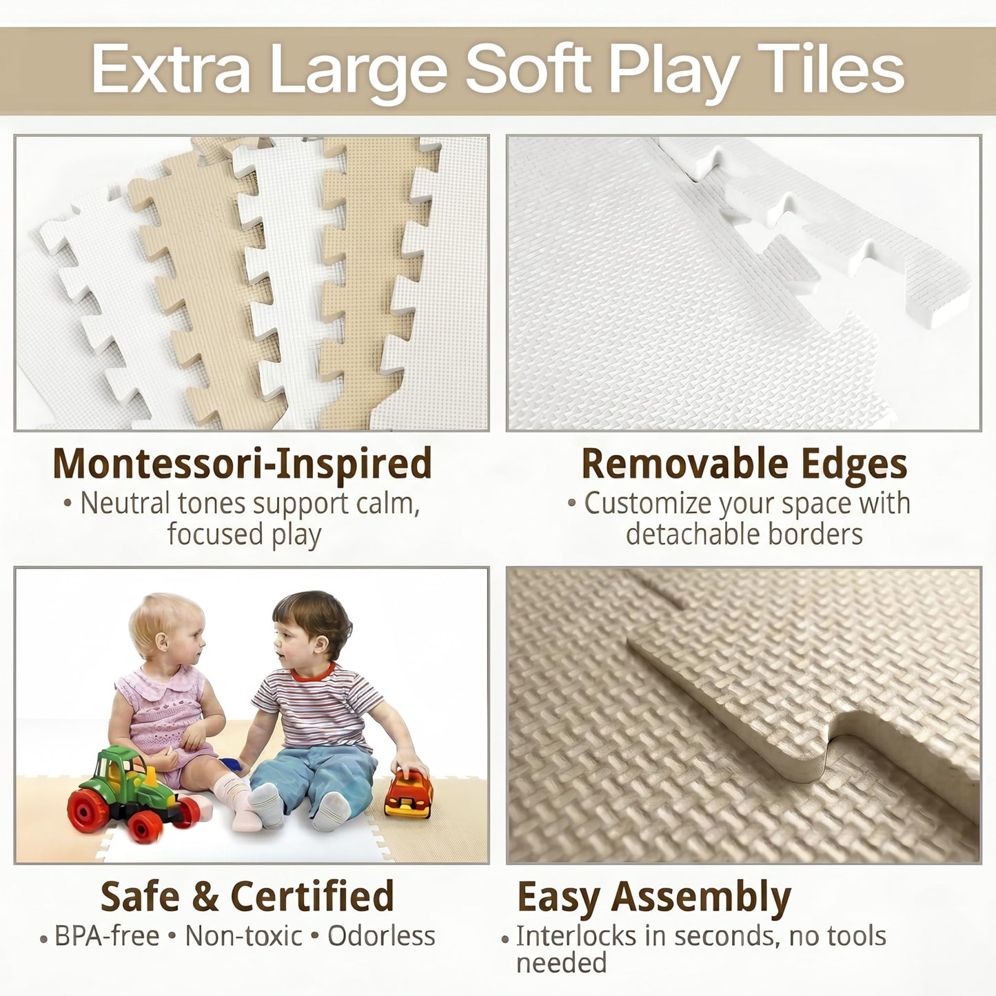 FlooringInc Baby Play Mat for Floor, Extra Large 2'x2' Foam Floor Tiles for Kids, Soft Interlocking Puzzle Mat, 1/2 Inch Thick, Non-Toxic EVA (Moonbeam, 6 Tile Pack, 24 Sq Ft)