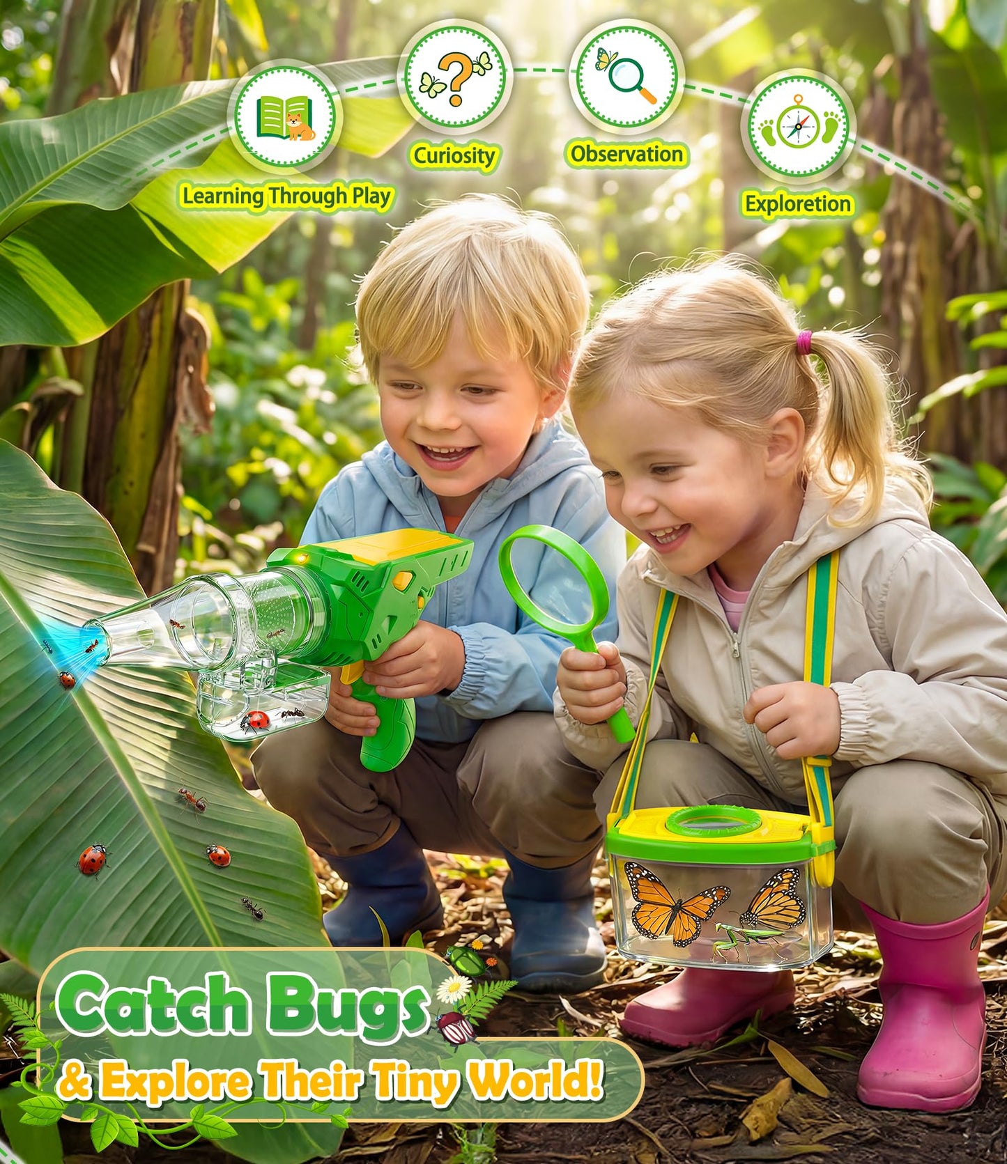 SOLIEHOO Bug Catcher for Kids 3-12, Bug Vacuum Bugs Catching Release Kit, Magnifying Glass Bug Collector Butterfly Net Bugs Grabber Insect Catcher Tweezers, Boys Outside Explorer Toys Birthday Gift