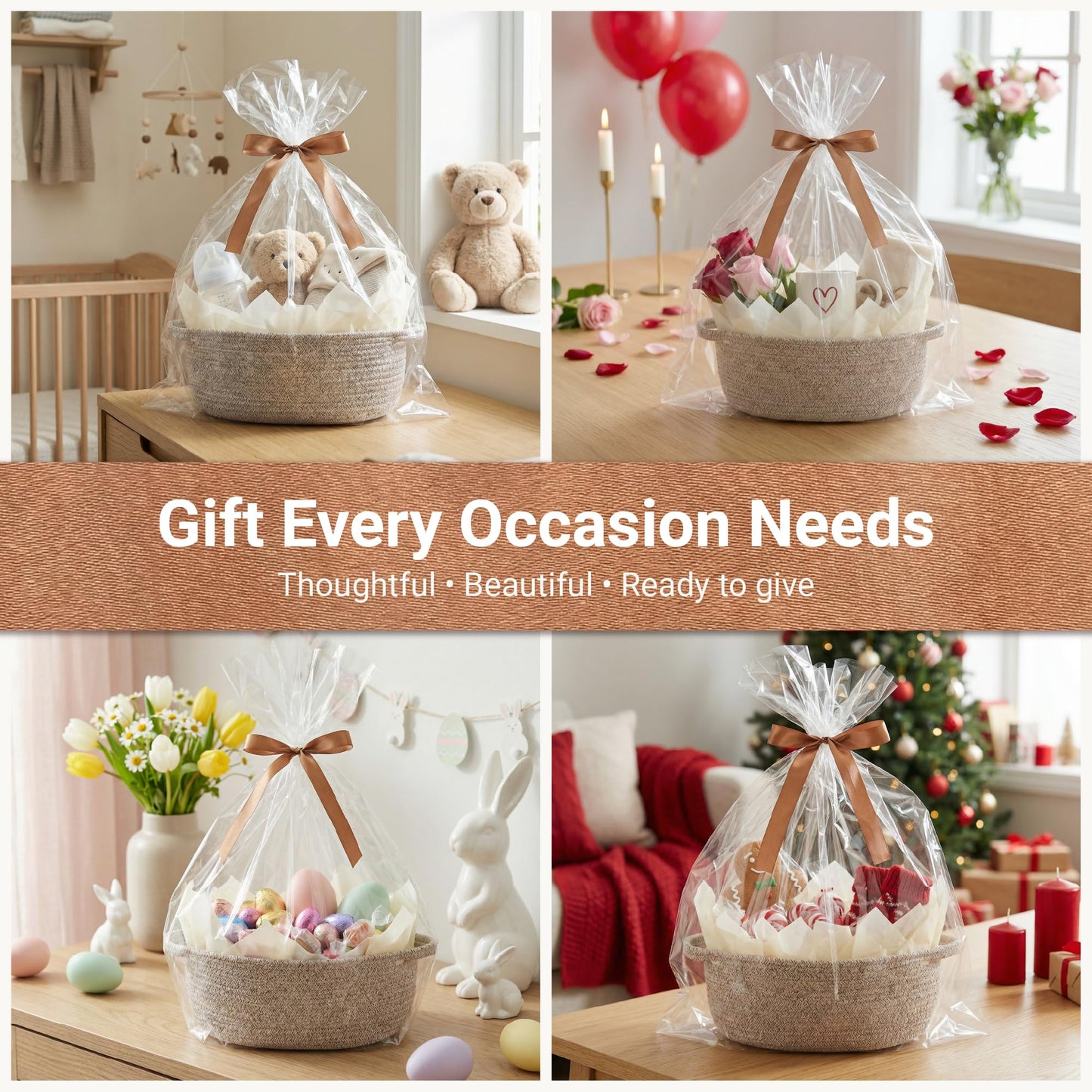 VIRETH HAUS 6 Pack Small Woven Baskets with Gift Bags, Ribbons, Wrap Tissue Papers – Gift Baskets Empty to Fill for Valentines, Baby Shower, Easter, Christmas Day, Decorative Storage Bins for Toys