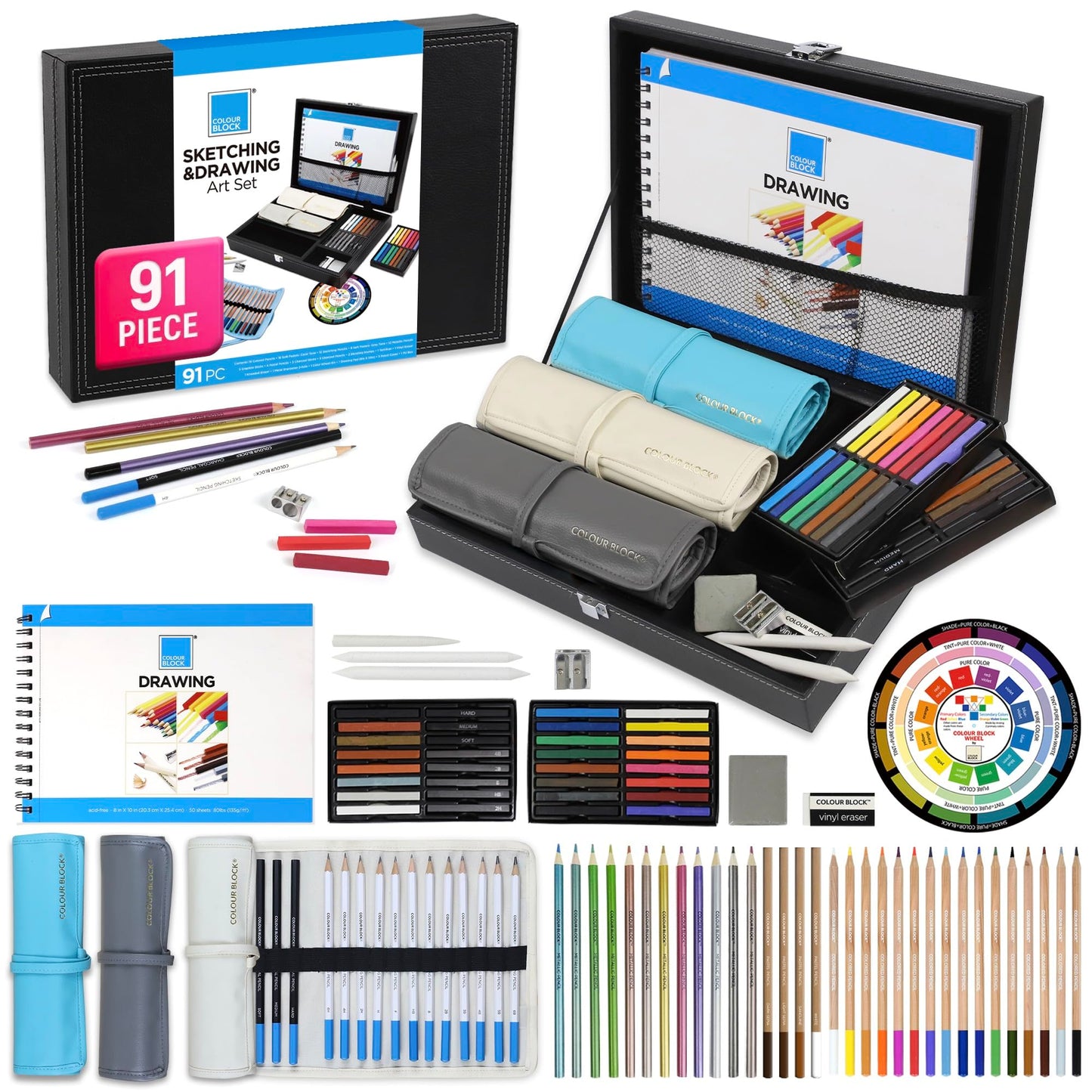 COLOUR BLOCK 91-Piece Sketching & Drawing Art Set with Colored, Metallic, Charcoal, Pastel Pencils, Soft Pastels, Charcoal & Graphite Sticks, Sketchbook, Tools — Travel-Friendly Case for Teens, Adults