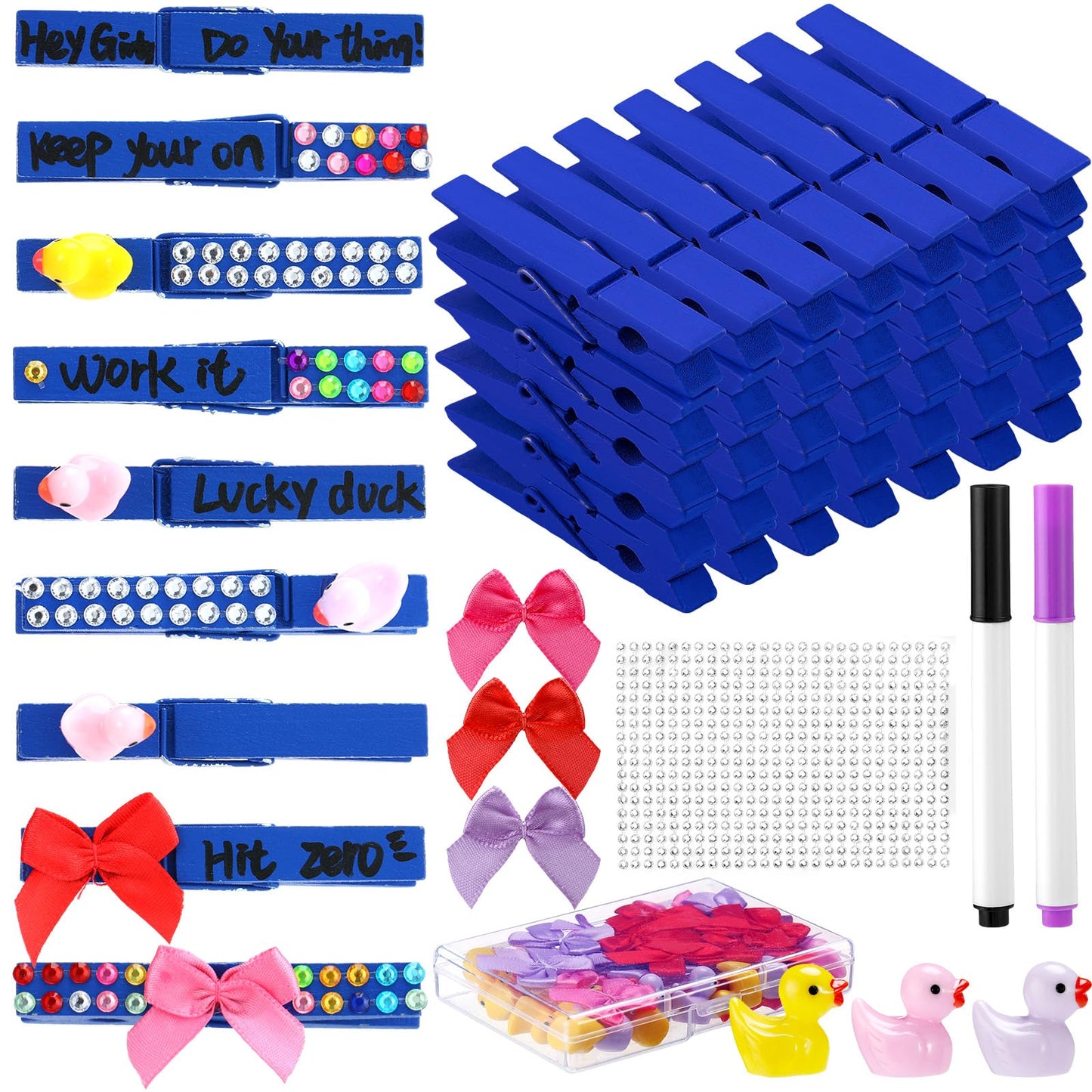 Dingion 60 Set Cheer Pins Spirit Clips Include 60 Wooden Clothes Pin Resin Ducks Bows Self Adhesive Glitter Sticker Pen Glue Ribbon for DIY Cheer Accessory Schoolbag Decor Team Craft Gift(Blue)