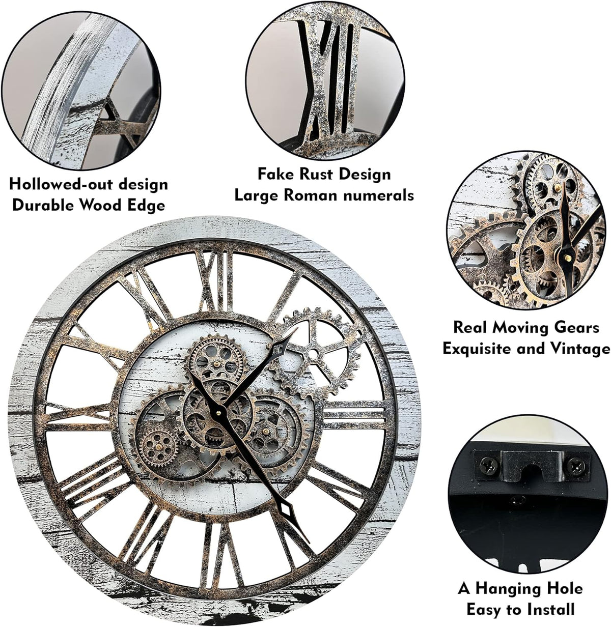 The B-Style Large Wall Clock 24 inch Moving Gear Wall Clock Oversized Vintage Farmhouse Wall Clocks for Living Room Decor Rustic Industrial Wood Clock (Gray and White)