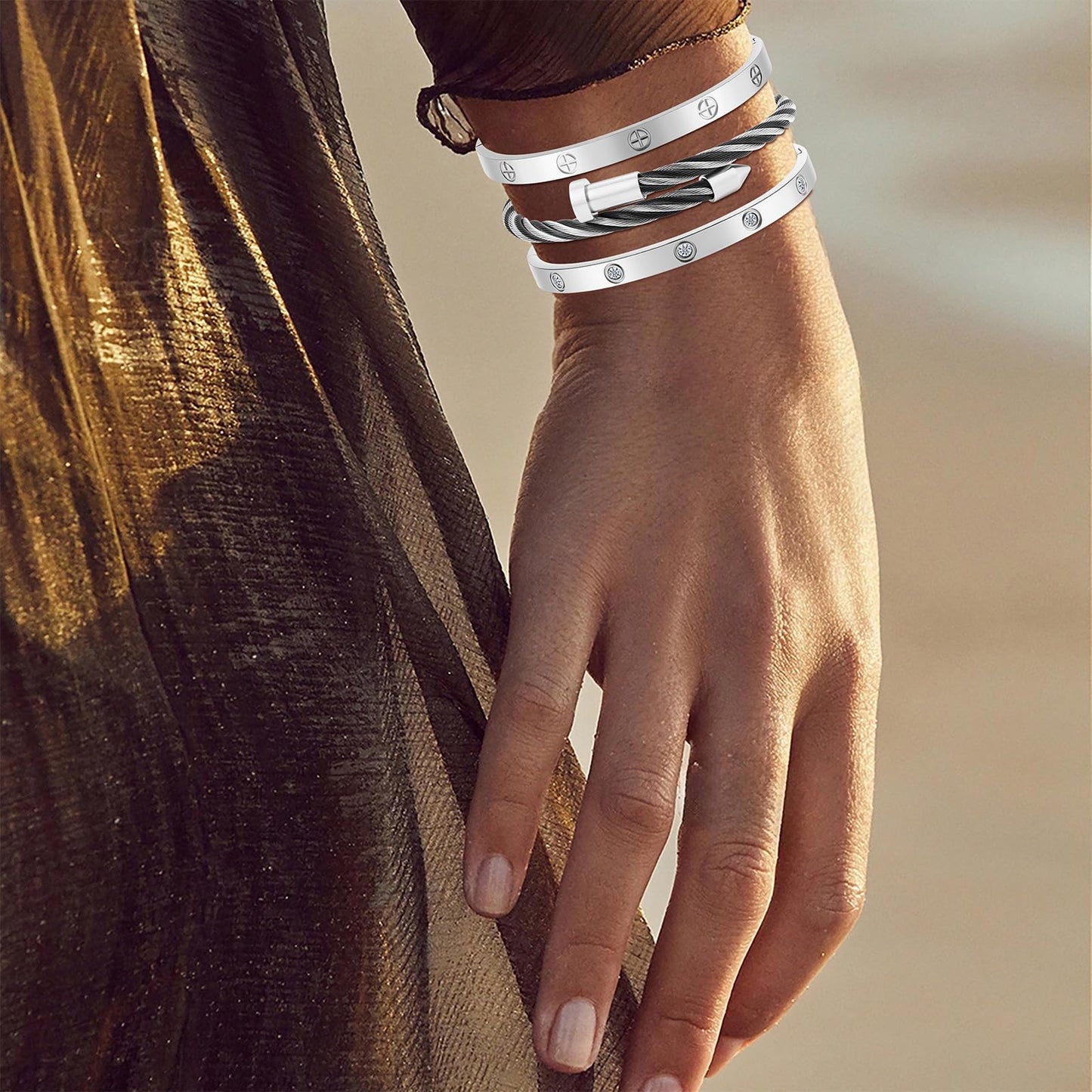 Camhanno Gold Bracelets for Women - Stackable Bangles with Friendship & Love Theme - Stainless Steel Jewelry Gift for Her (Style 13)
