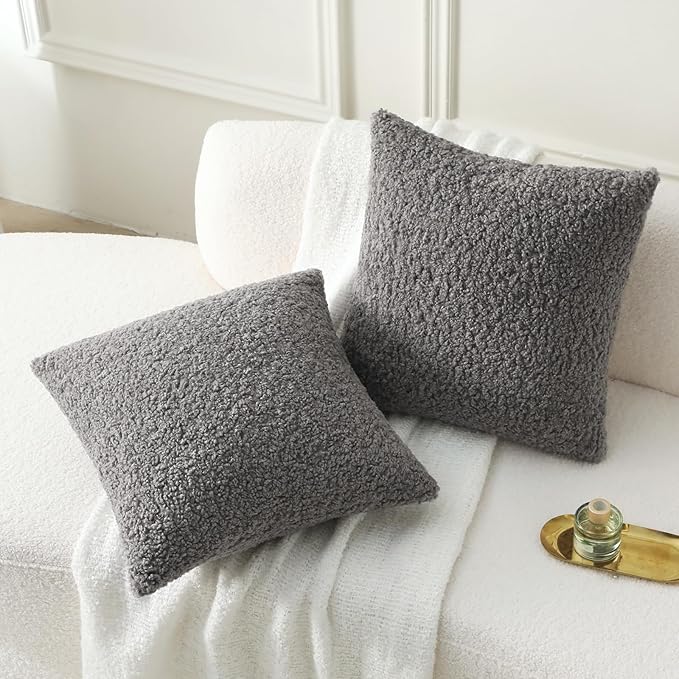 FUTEI Dark Grey Throw Pillow Covers 20x20 Inch Set of 2,Furry Faux Fur Teddy Boucle Textured Cushion Covers,Soft Fluffy Decorative Pillow Case,Home Decor for Couch Bed Living Room Office Car