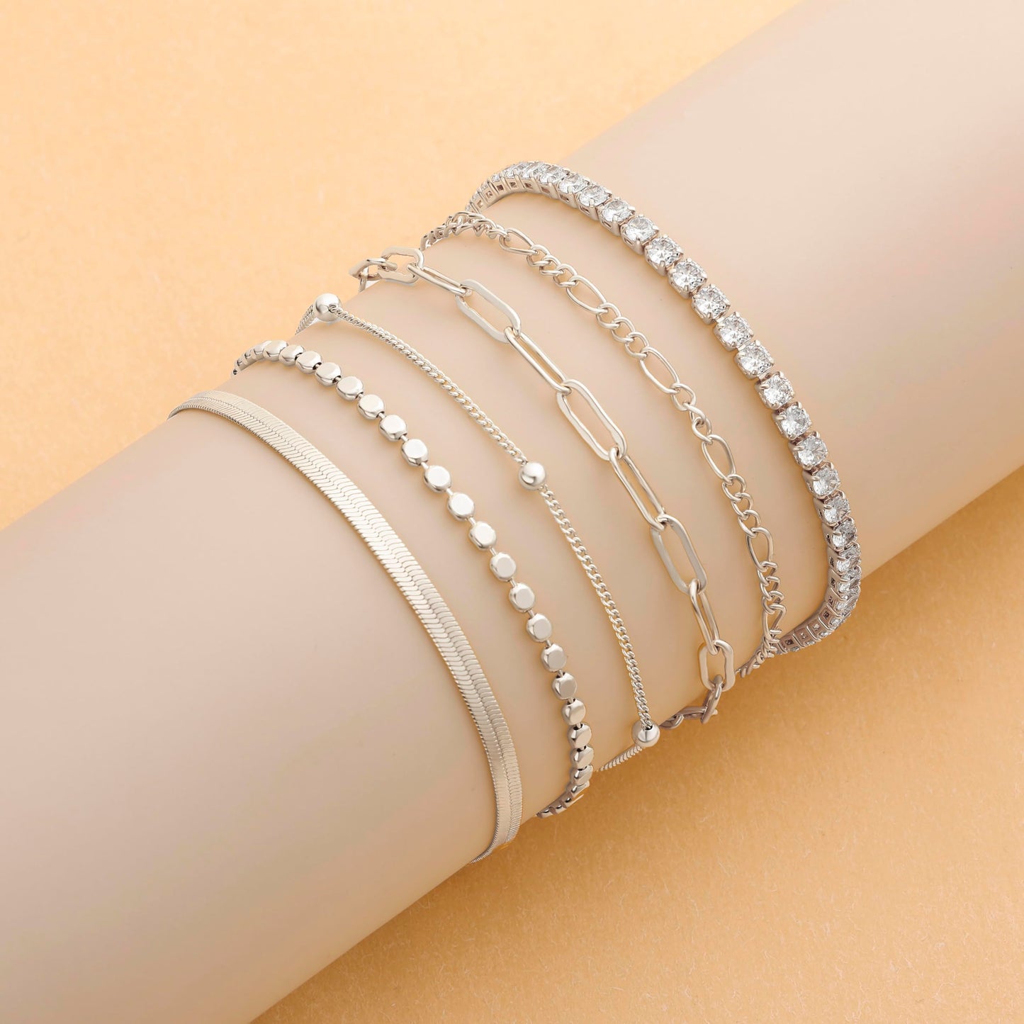 DEARMAY Silver Plated Bracelets for Women Trendy, Dainty Silver Plated Jewelry Set Waterproof Fashion Stackable Tennis Figaro Herringbone Paperclip Chain Bracelet Pack Stack Gifts for Womens