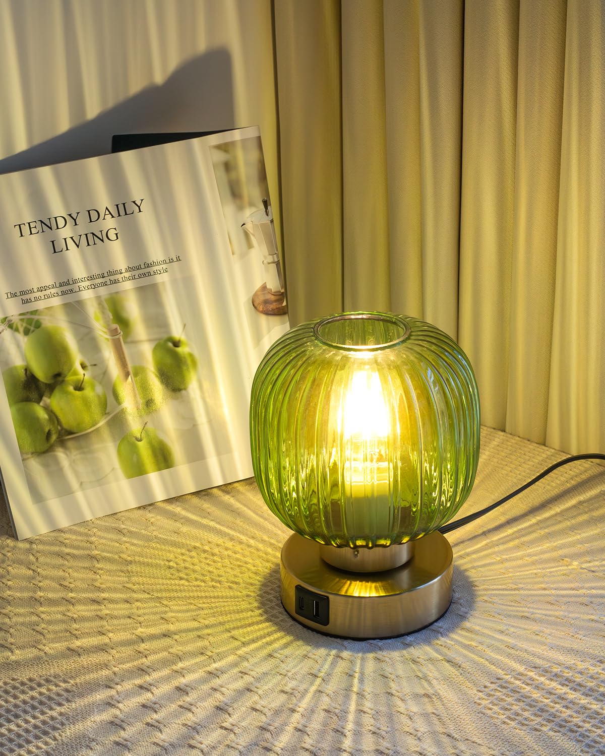 Elenhome Touch Control Small Table Lamp Set of 2, Elegant Green Glass Bedside Lamp 3 Way Dimmable with USB C+A Charging Ports - Bedroom Nightstand & Living Room Essential, 4W Bulb Included