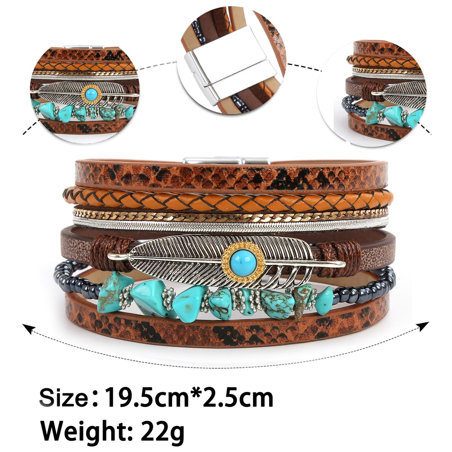 Leopard Bracelet for Women, Boho Leather Wrap Multi-Layer Pearl Crystal Bracelet Bangle Jewelry (Feather(Brown))