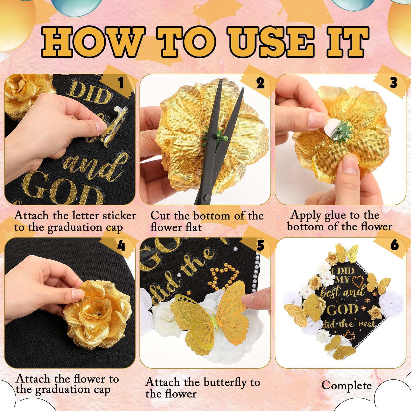 Solsew 35 Pcs DIY Graduation Cap Decorations Kit, Include Faux Flower 3D Butterfly Graduation Quote Glitter Sticker Pearl Rhinestone for Grad Hat Topper Cover Craft Gift(Creamy White,Gold,White)