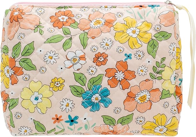 PAZIMIIK Quilted Makeup Bag Large Travel Zipper Soft Cosmetic Pouch for Women Girls Make Up,Floral Orange
