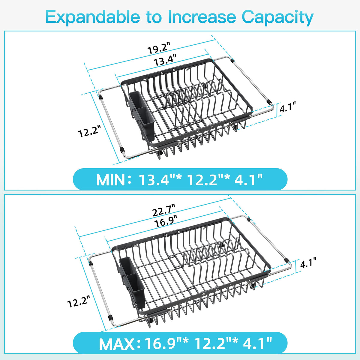 Gray Dish Drying Rack Over the Sink with Utensil Holder
