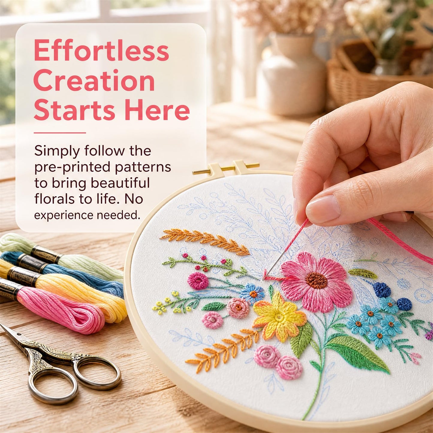 Huacan Embroidery Kit for Beginners Flower Pattern Printed Fabric with Hoop & Full Tools