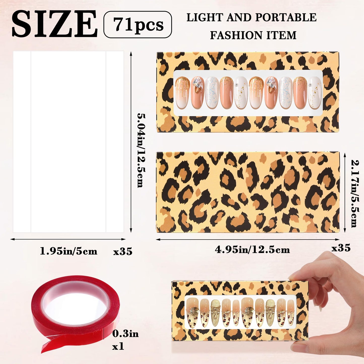 HLQHXWHZT 71 Pcs Include 35Pcs Empty Press on Nails Packaging Box 35 Pcs White Background Papers and 1 Double Sided Tape, Empty Nail Package Box Set for Press on Nail Business(Brown Leopard)