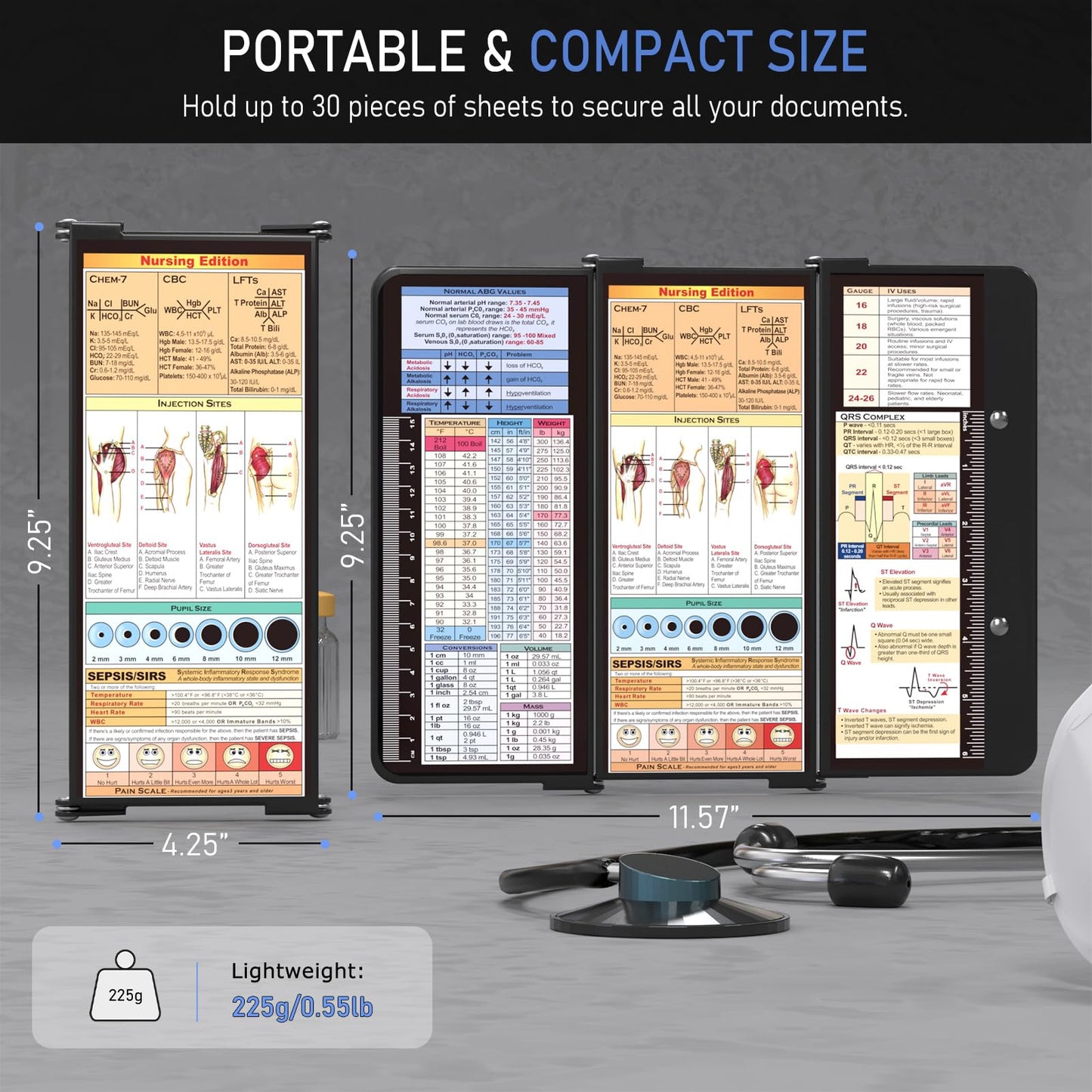 Nursing Clipboard Foldable, Foldable Clip Board w/Nursing Edition Cheat Charts, 3 Layers Aluminum, Nurse Clipboards w/Low Profile Clip & Pen Clip Pocket for Students, Nurses and Doctors, Black