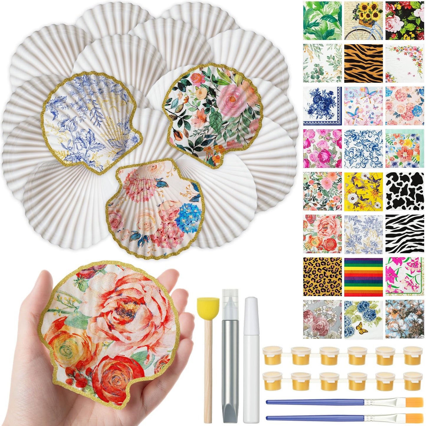 Crtiin 48 Pcs Decoupage Kits, 18 Pcs 4'' White Scallop Shells, 24 x Assorted Decoupage Paper Napkins with Glue Paint Strips Pigments and Paint Brushes for Home Decor Ornaments DIY Arts Crafts (Fun)