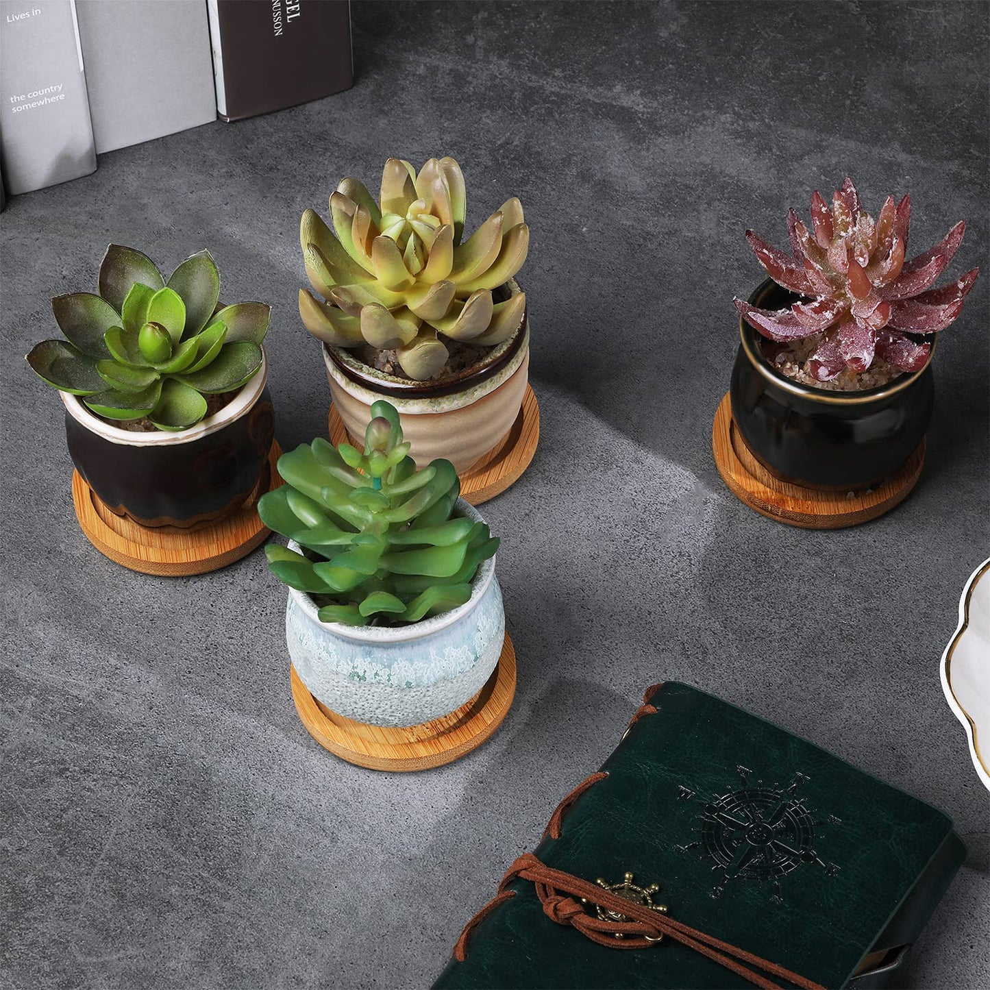 Remerry 18 Pcs Small Succulent Pots Bulk with Drainage 2.5 Inch Assorted Mini Ceramic Succulent Planters Pot with Coaster Bamboo Plant Tray Planting Pots for Home Office Garden