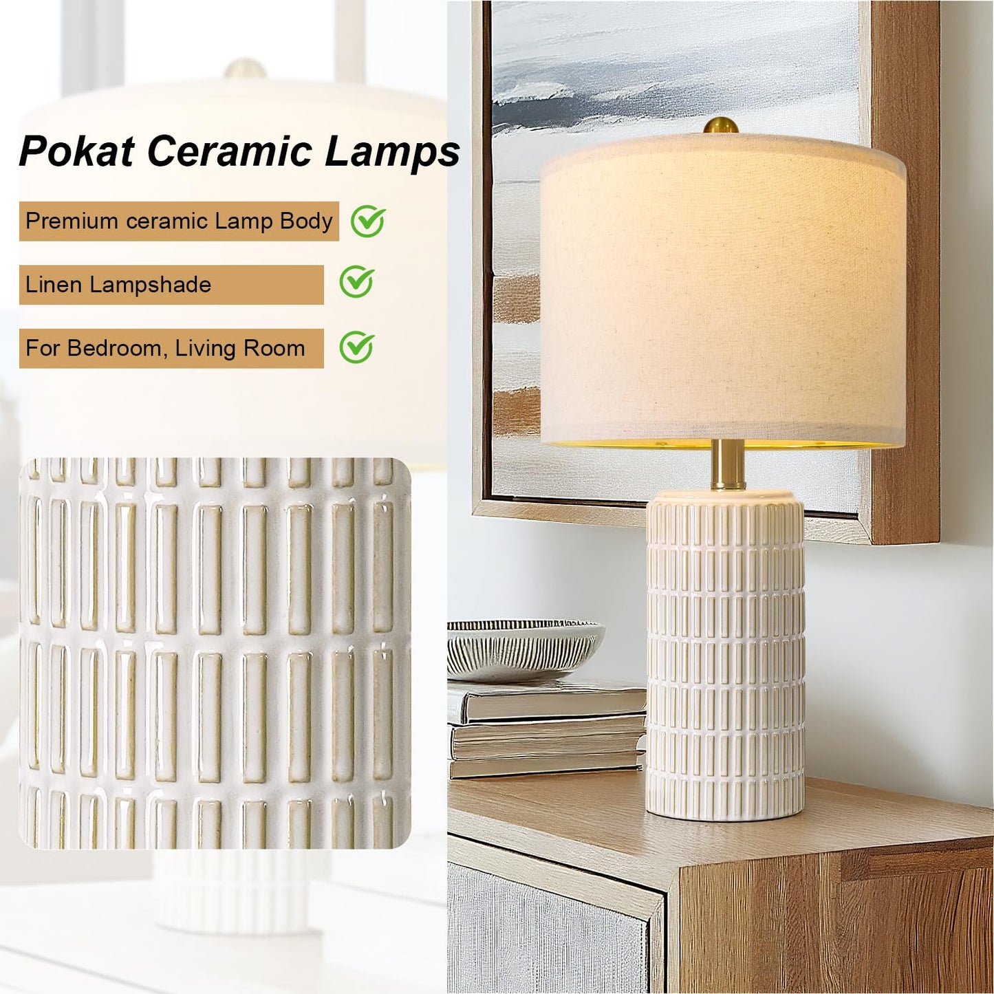 PoKat 20.75" Small Modern Ceramic Table Lamps Set of 2 for Bedroom, White Bedside Lamps for Night Stands, Farmhouse Desk Decor Gift Nightstand Table Lamps for Living Room End Table Beige