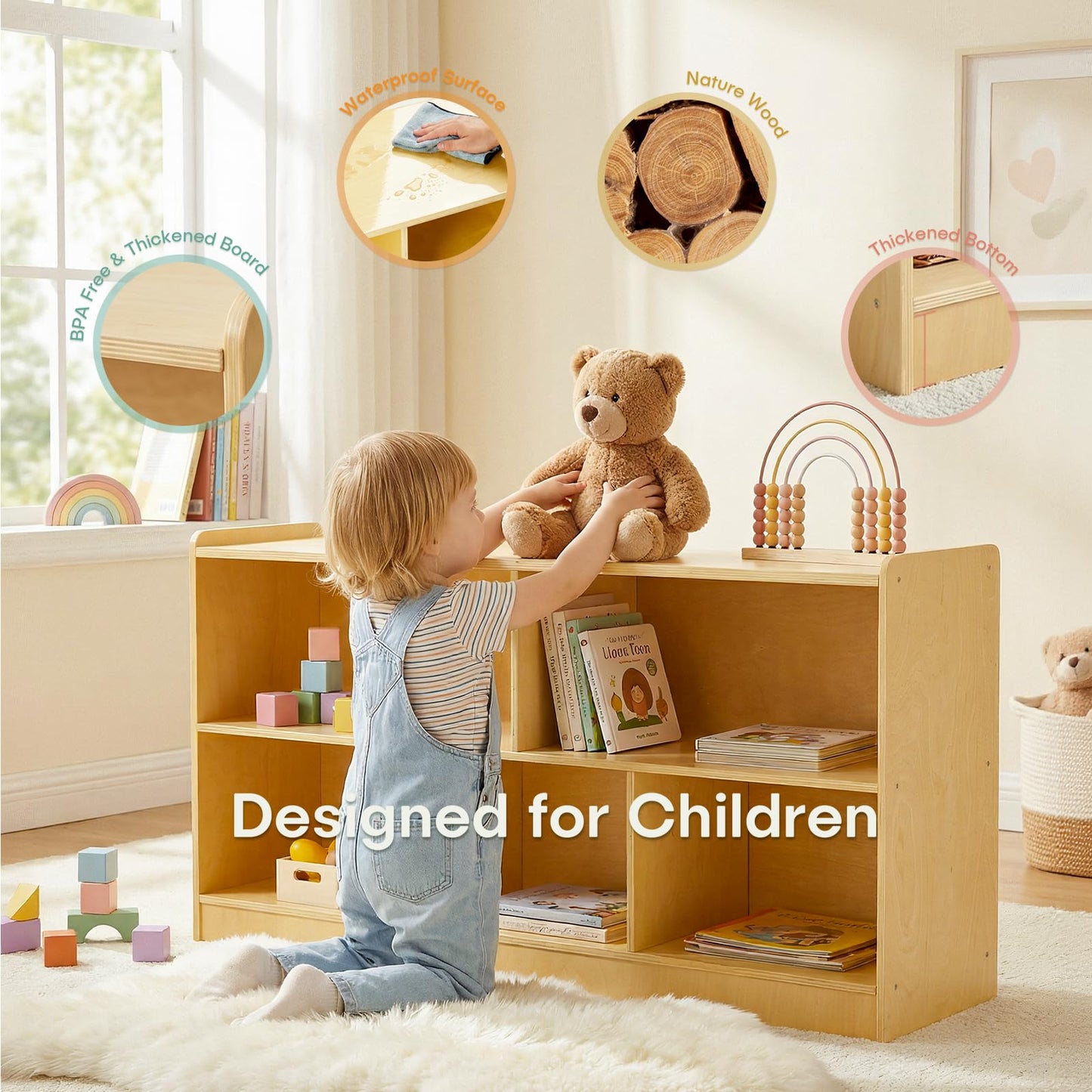 STEPLAY Montessori Shelf, Wooden Toy Storage Organizer with 2-Tier Shelf & 5-Section Storage Cabinet, Kids Bookshelf/Bookcase for Toddler Playroom, Nursery, Classroom(Natural)