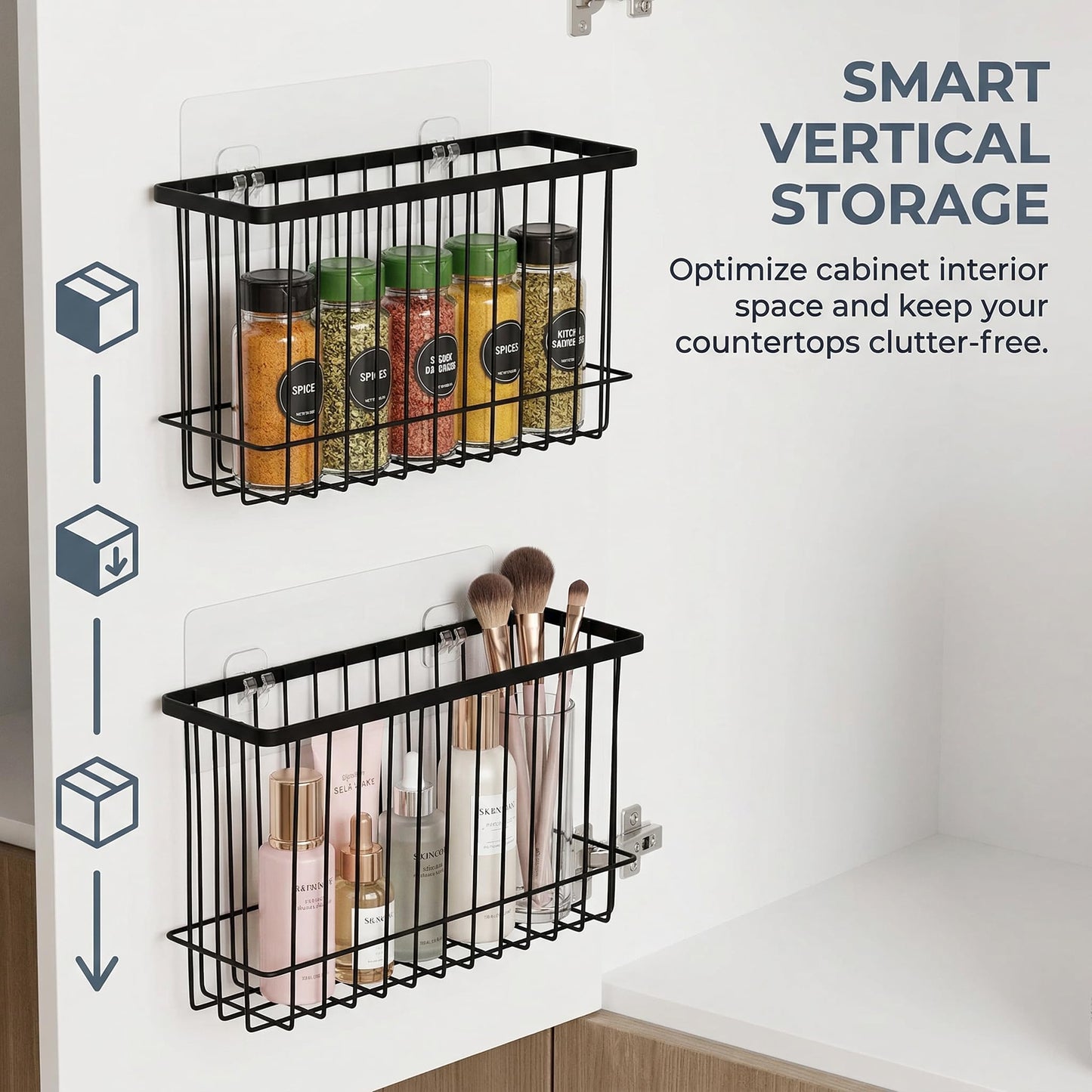 SXSWNSDLX 2 Pack Adhesive Cabinet Door Organizer, No Drilling Required, Hanging Storage Basket Organizer Wall Mounted Pantry, for Kitchen, Fridge, Bathroom (Black)