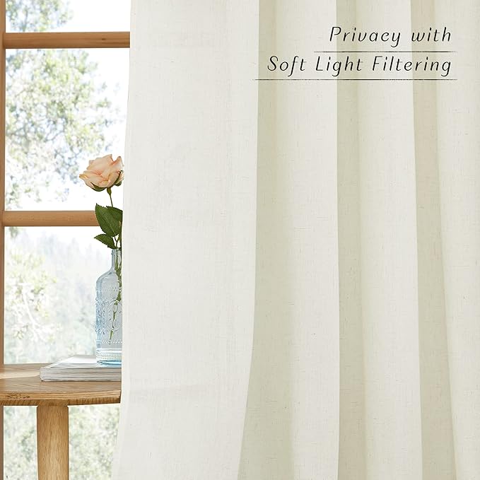 NICETOWN Flax Linen Blend Curtains for Bedroom, Vintage Grommet Top Semi Sheer Curtain Drapes Privacy Assured Window Treatment Light Reducing for Living Room, Off White, W55 x L63, Set of 2