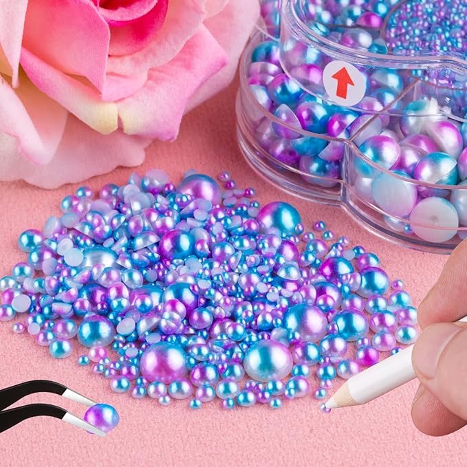 Nail Art Flat Back Half Round Pearl Kits 19, 1 Box of 6000 Pcs Flat-Back Blue Mermaid Pearl with Tweezer and Picker Pencil for Home DIY Nails Body Face Craft and Salon Use