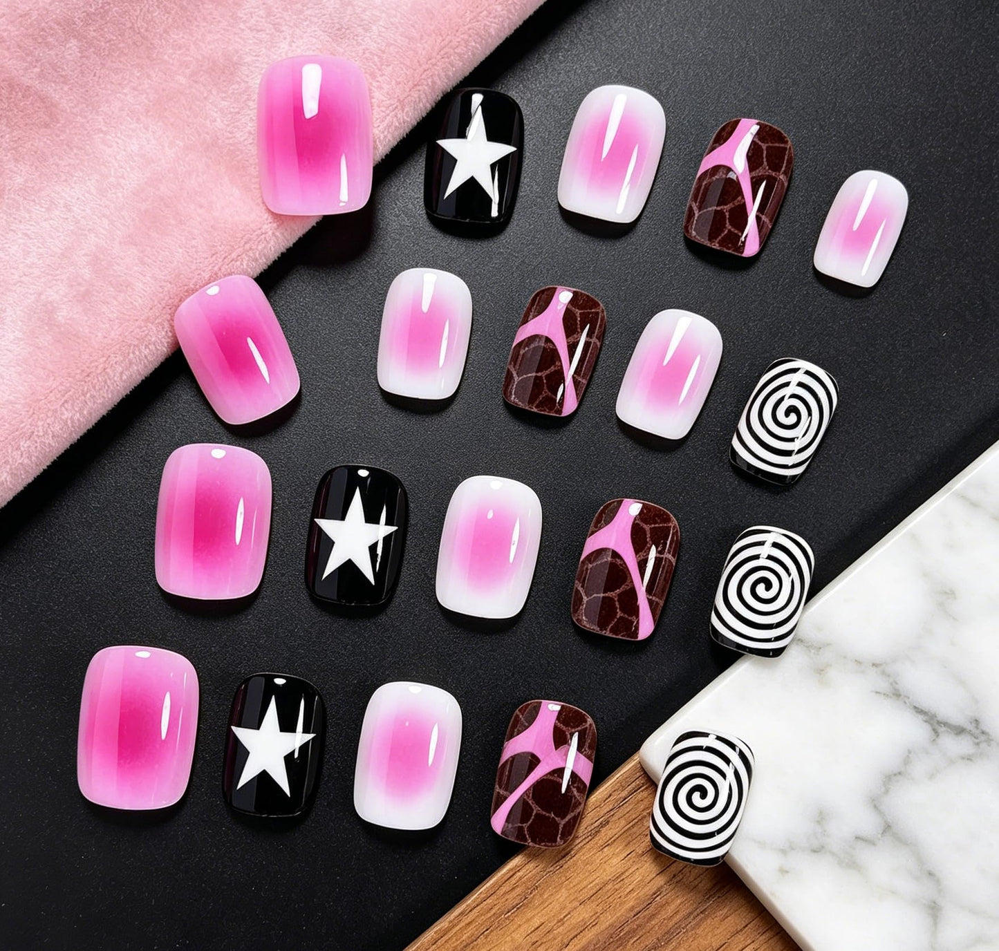 BABALAL Y2K Press On Nails, Short Square Fake Nails, Pink Ombre with Star Print, Black Brown Acrylic Stick On Nails for Women 24Pcs