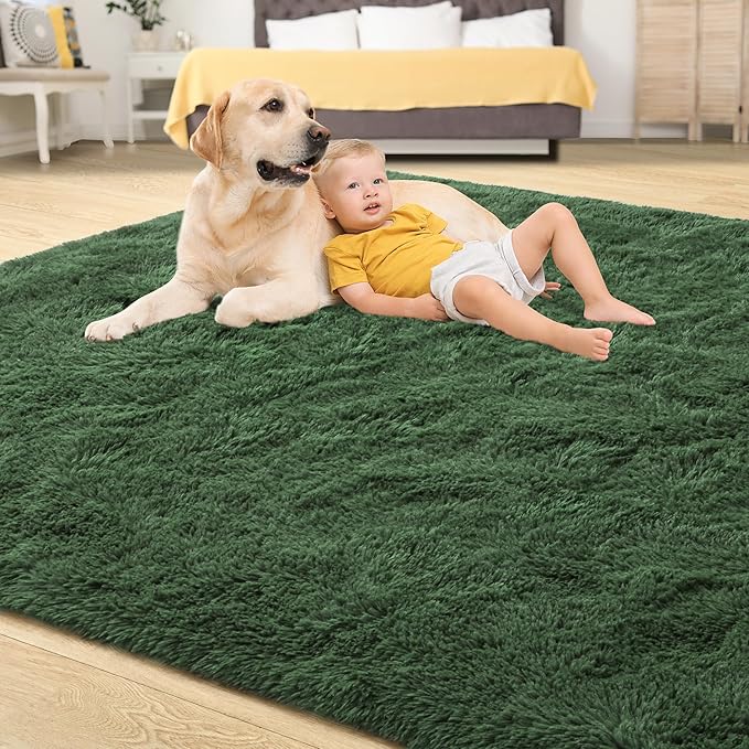 Tepook Area Rugs 9x12 for Living Room, Super Soft Fluffy Rugs for Bedroom, Modern Shaggy Rug Fuzzy Carpets for Kids, Plush Indoor Nursery Home Decor Rug with Non-Slip Bottom, Dark Green