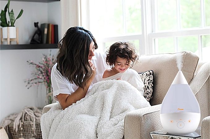 Crane 4-in-1 White Drop Ultrasonic Cool Mist Humidifier with Sound Machine, Night Light, Aroma Tray, 1 Gallon Top Fill White