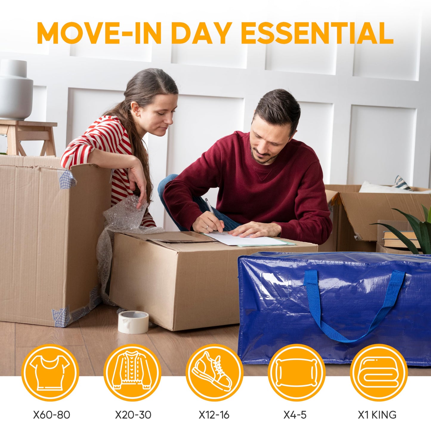 4 Pack Oversized Heavy Duty Moving Bags with Backpack Straps, Strong Handles & Zippers, Extra Large Storage Tote Moving Boxes for Space Saving, Blue