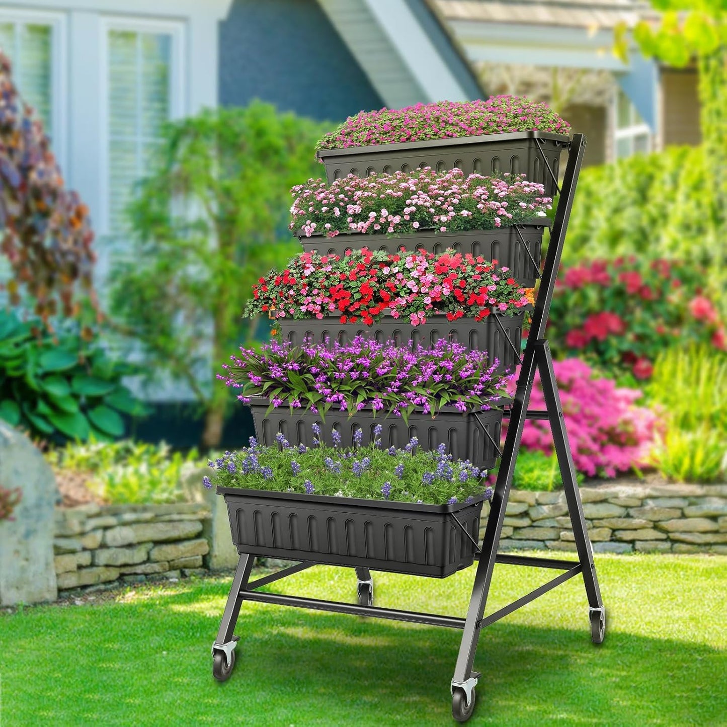 TEANDE 2 Pack Vertical Raised Garden Bed with Wheels, 5-Tier Elevated Planter Box w/Drainage System & 4 Hooks for Herbs Vegetables Flowers, Vertical Garden Planter for Patio Yard Indoor Outdoor