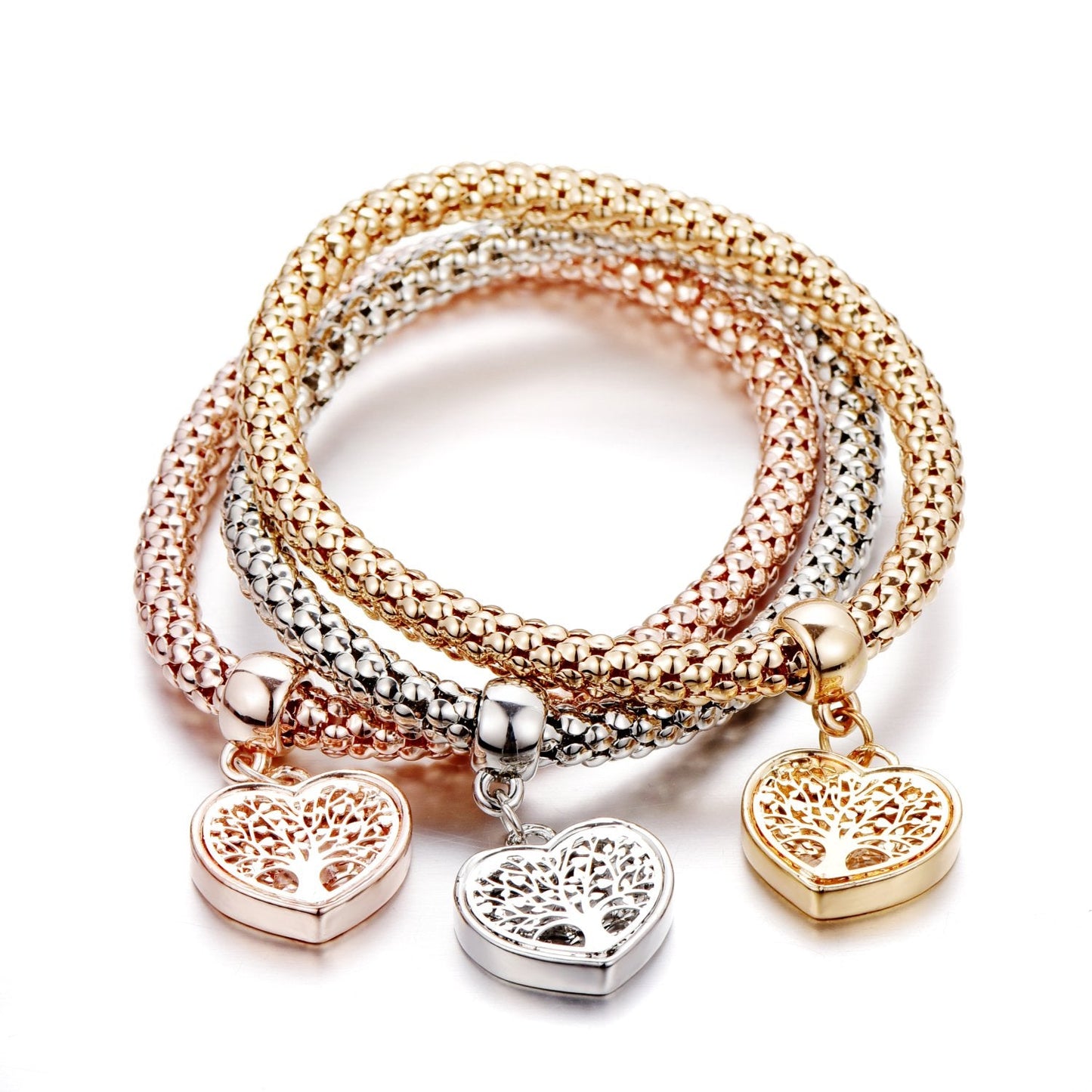 SILANER Crystal Charms Multilayer Bracelets - 3PCS Gold/Silver/Rose Gold Corn Chain Bracelet for Women, Tree of Life Heart Shaped Stretch Bracelet (12 PCS)