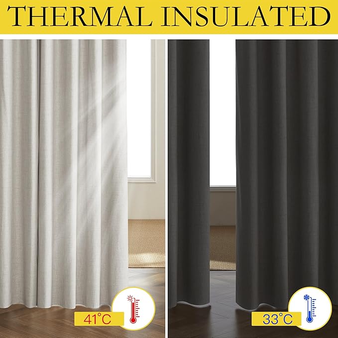 NICETOWN Snowbound Vintage Linen 100% Blackout Curtains for Living Room, Thermal Insulated Curtains 108" Long, Noise Reducing Window Treatment Drapes for Hall Room, 52" Wide Per Panel, Set of 2