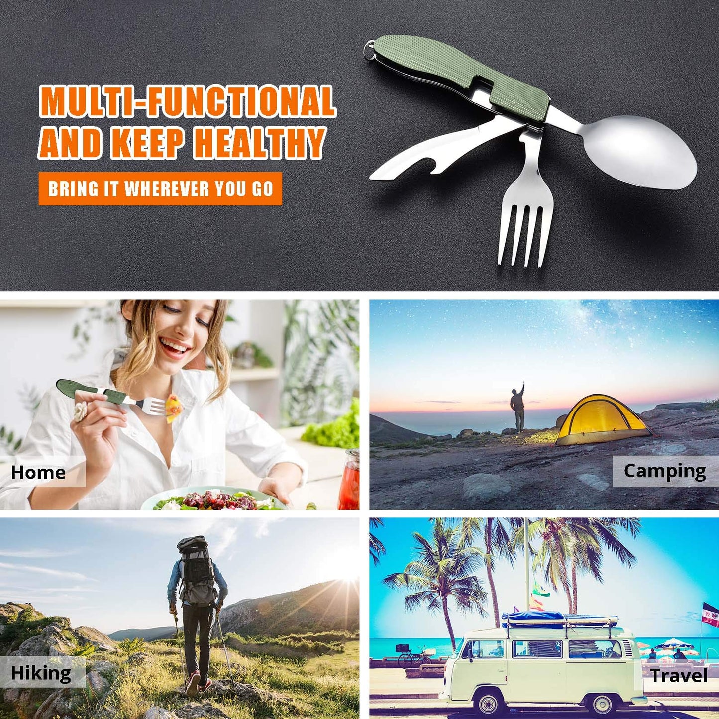 HIKENTURE Camping Utensils 2 Pack, 4-In-1 Stainless Steel Spoon Fork Knife Set Backpacking Travel Cutlery Metal Multitool Boy Scout(Green 2pack)
