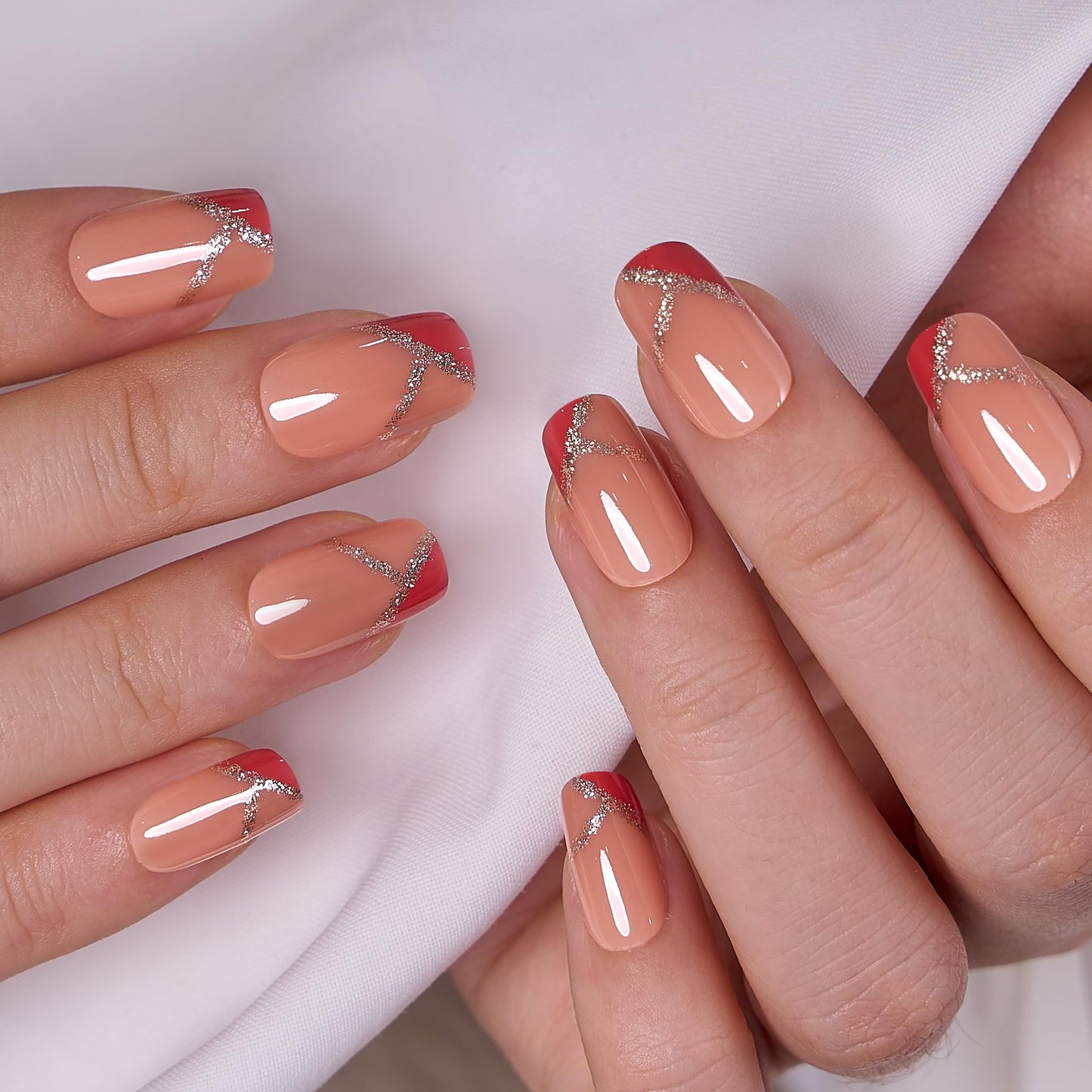 Curvlife Press On Nails Acrylic Fake Nails with Design - Full Cover False Nails Reusable Kit with Nail Glue Adhesive Tabs - Nail File - Artificial Glue on Nails (Red Mosaic, 30pcs)