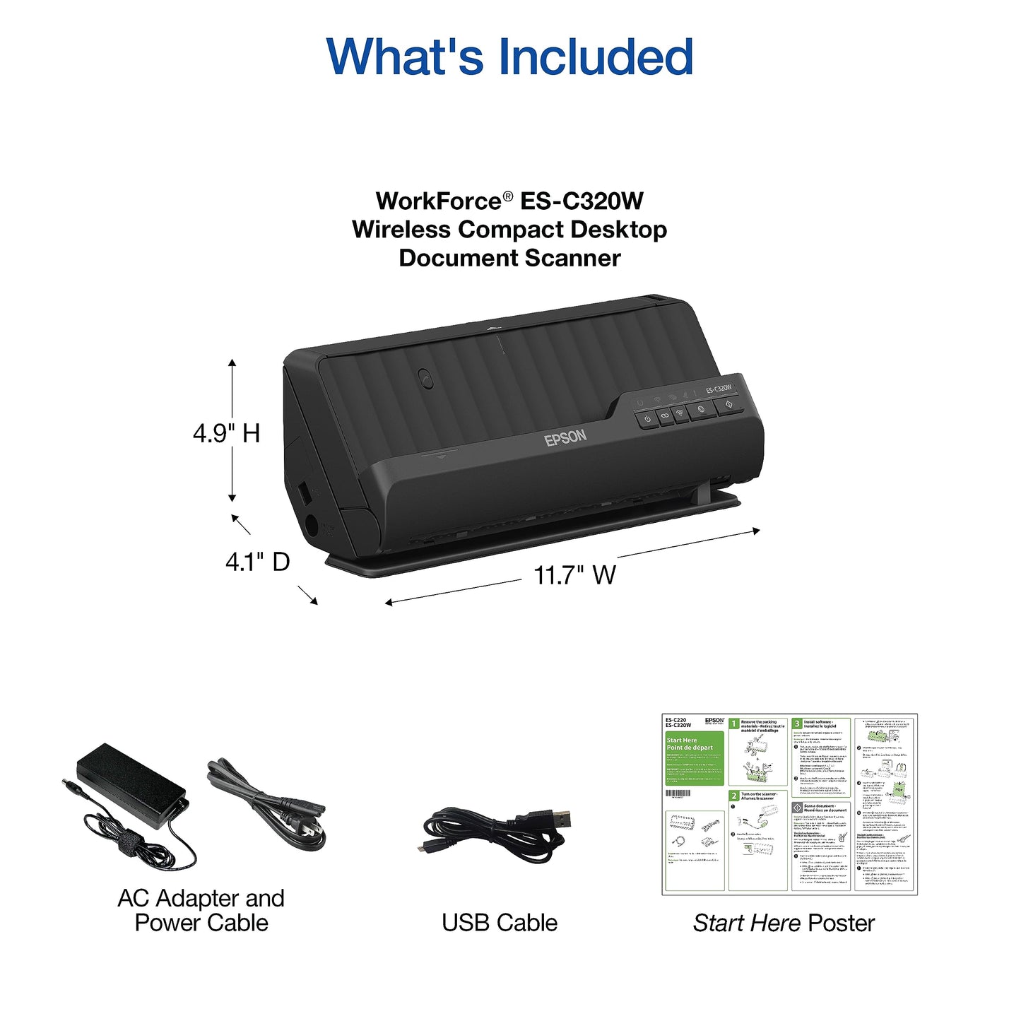 Epson Workforce ES-C320W - Wireless Compact Desktop Document Scanner - 2-Sided Scanning Auto Doc Feeder - Can Scan Paper and Cards - Black