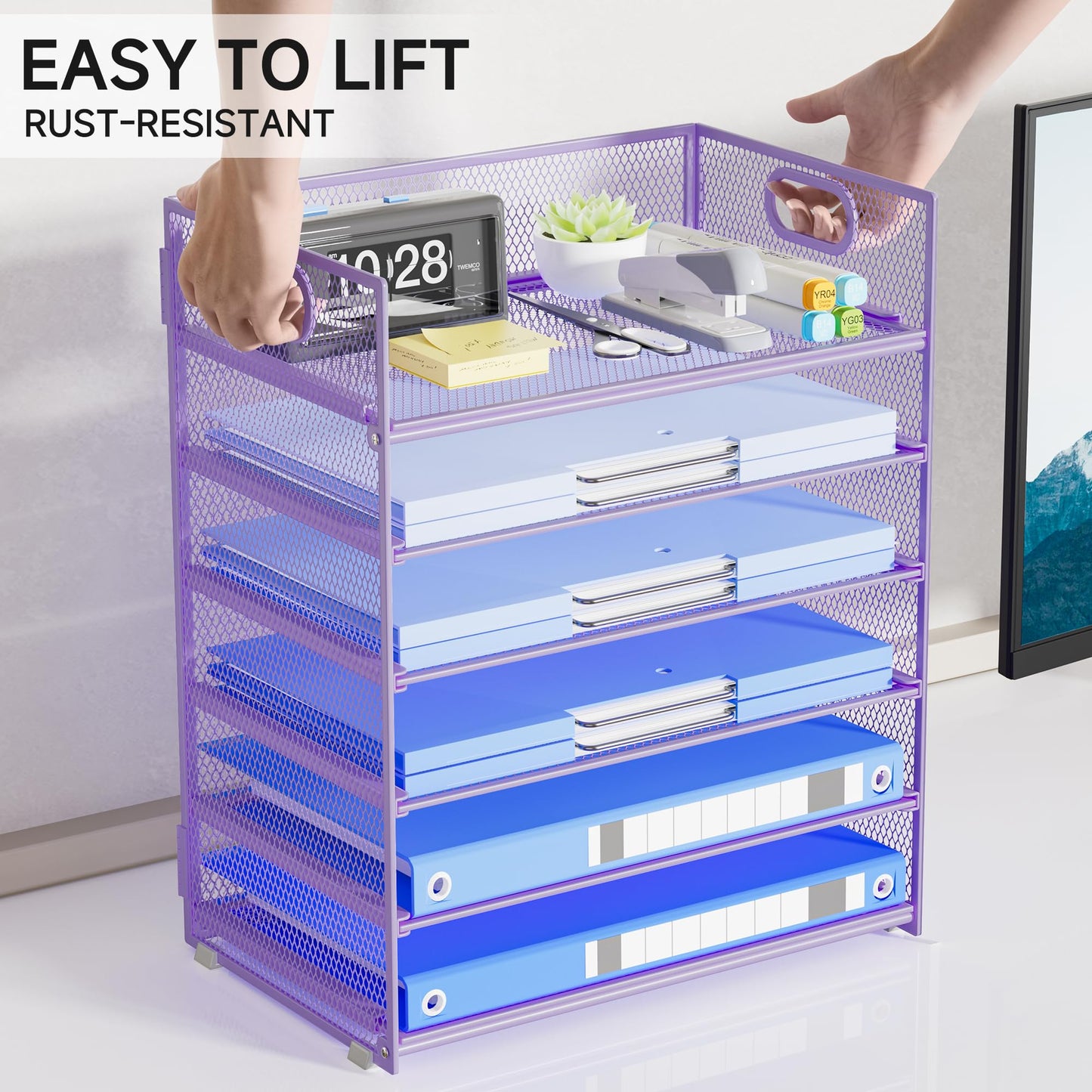 Kinkota Purple Paper Organizer for Desk with Handle, 6-Tier Metal Mesh File Organizer | Stackable Desktop Organizer for Office Supplies & Stationery Storage