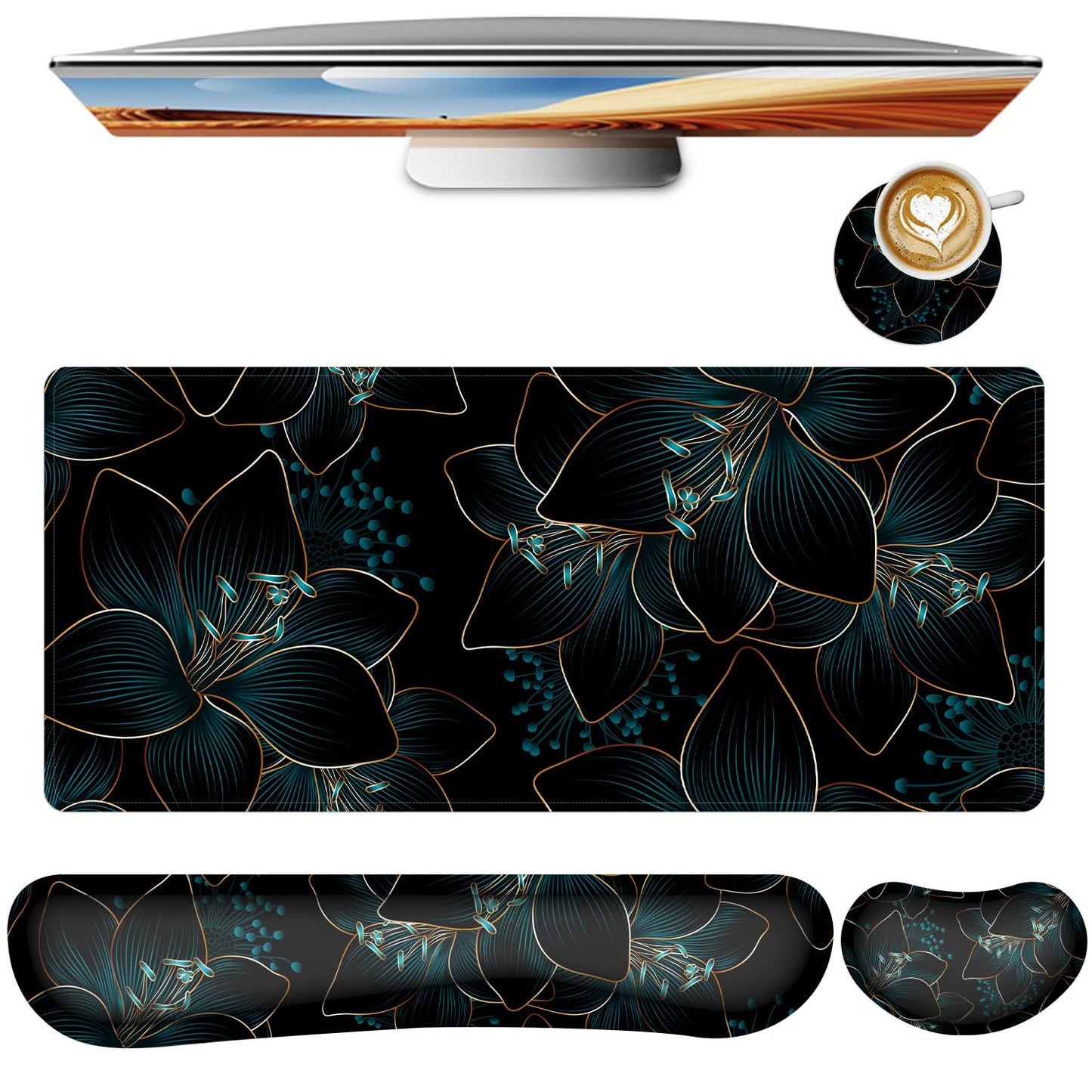 Keyboard Mouse Pad Set,Large Gaming Mouse Pad+Keyboard Wrist Rest+Wrist Rest+Coaster,Computer Desk pad Set Wrist Support for Office Desktop Laptop. (35.4" x 15.7") Extended Desk Mat (Floral)
